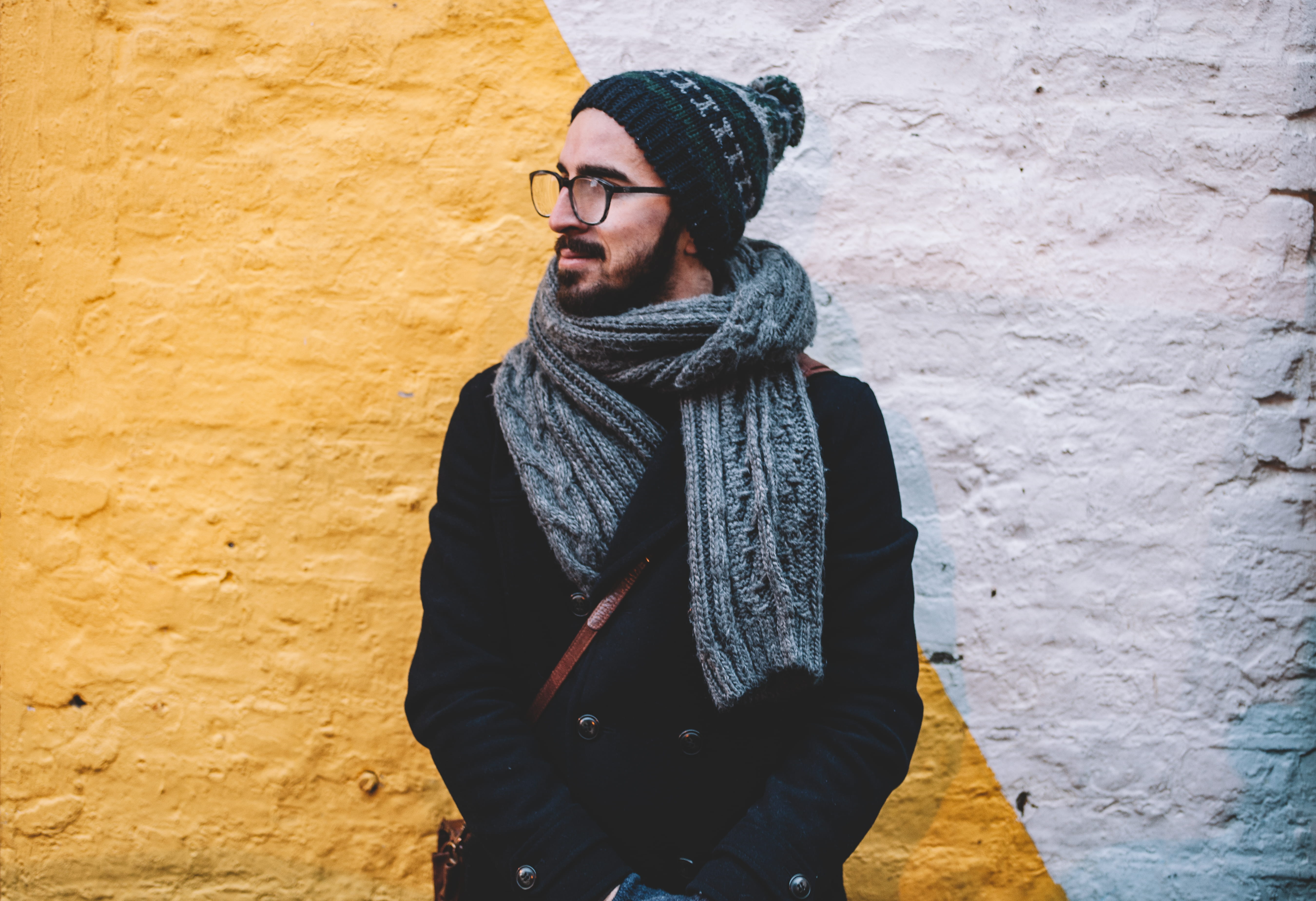 warm clothing, one Person, adults only, young Adult, beard, people, leather, jacket, adult, looking, only men, one man only, scarf, clothing, front, guy, HD Wallpaper