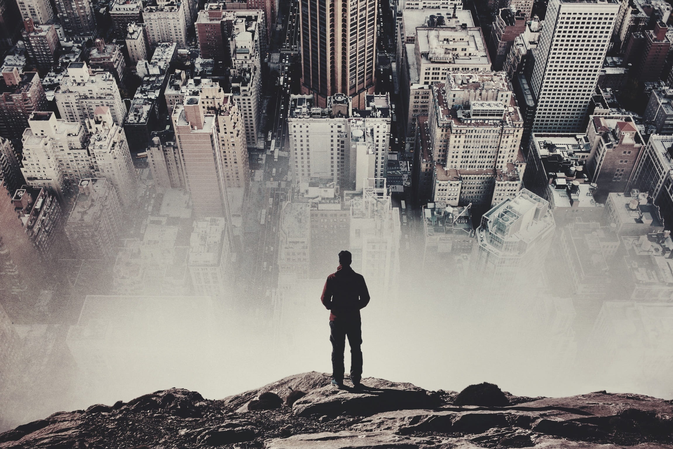 overlook, cityscape, new York State, skyscraper, looking at view, dexpotags separated by comma, manhattan - New York City, urban Scene, man, digital composite, HD Wallpaper