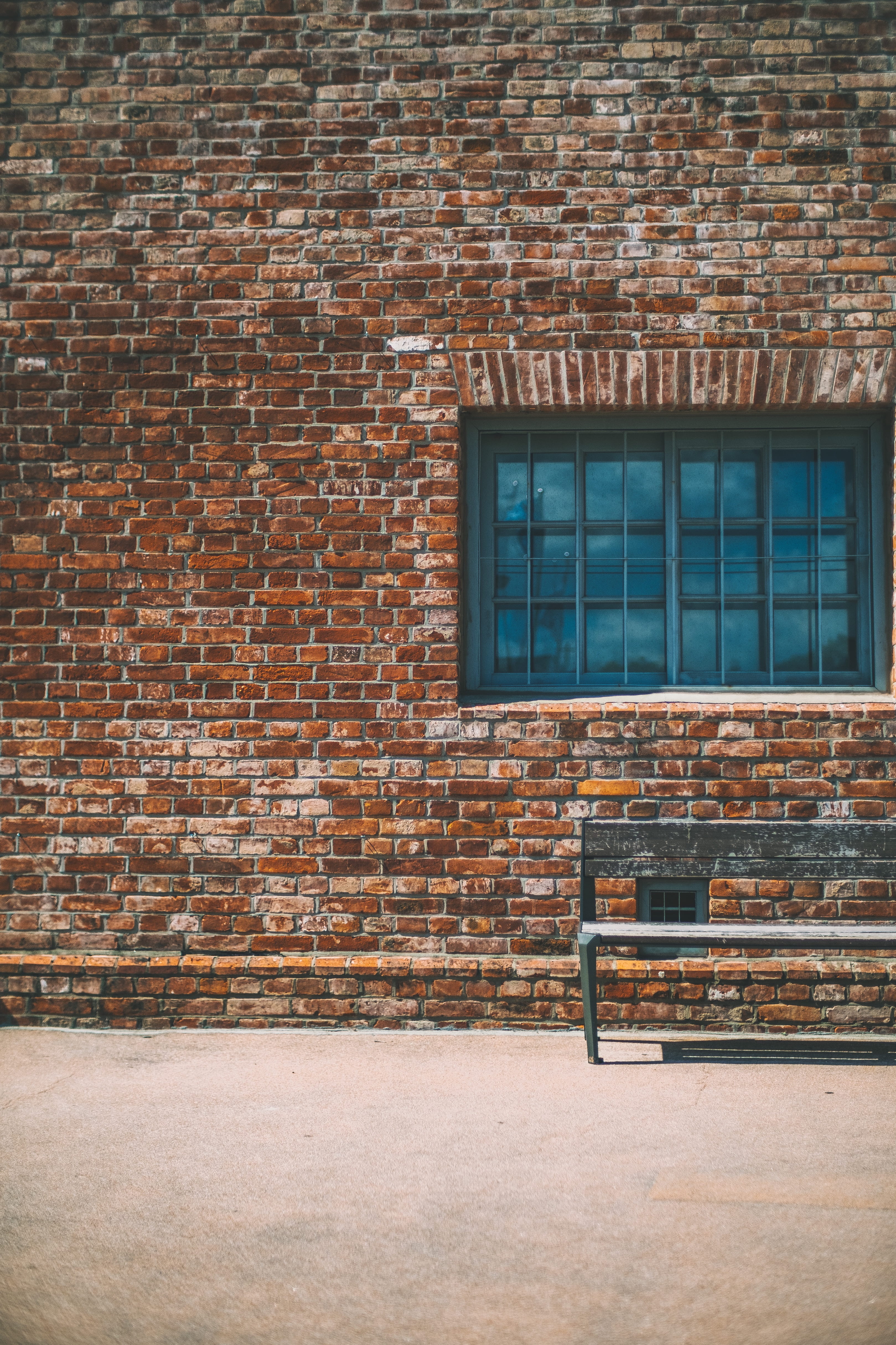 brick Wall, dirty, empty, red, brickwork, city, moody, 4K, wall, wood - Material, outdoors, domestic Room, urban, bench, textured, seat, brick, wall - Building Feature, Phone HD Wallpaper