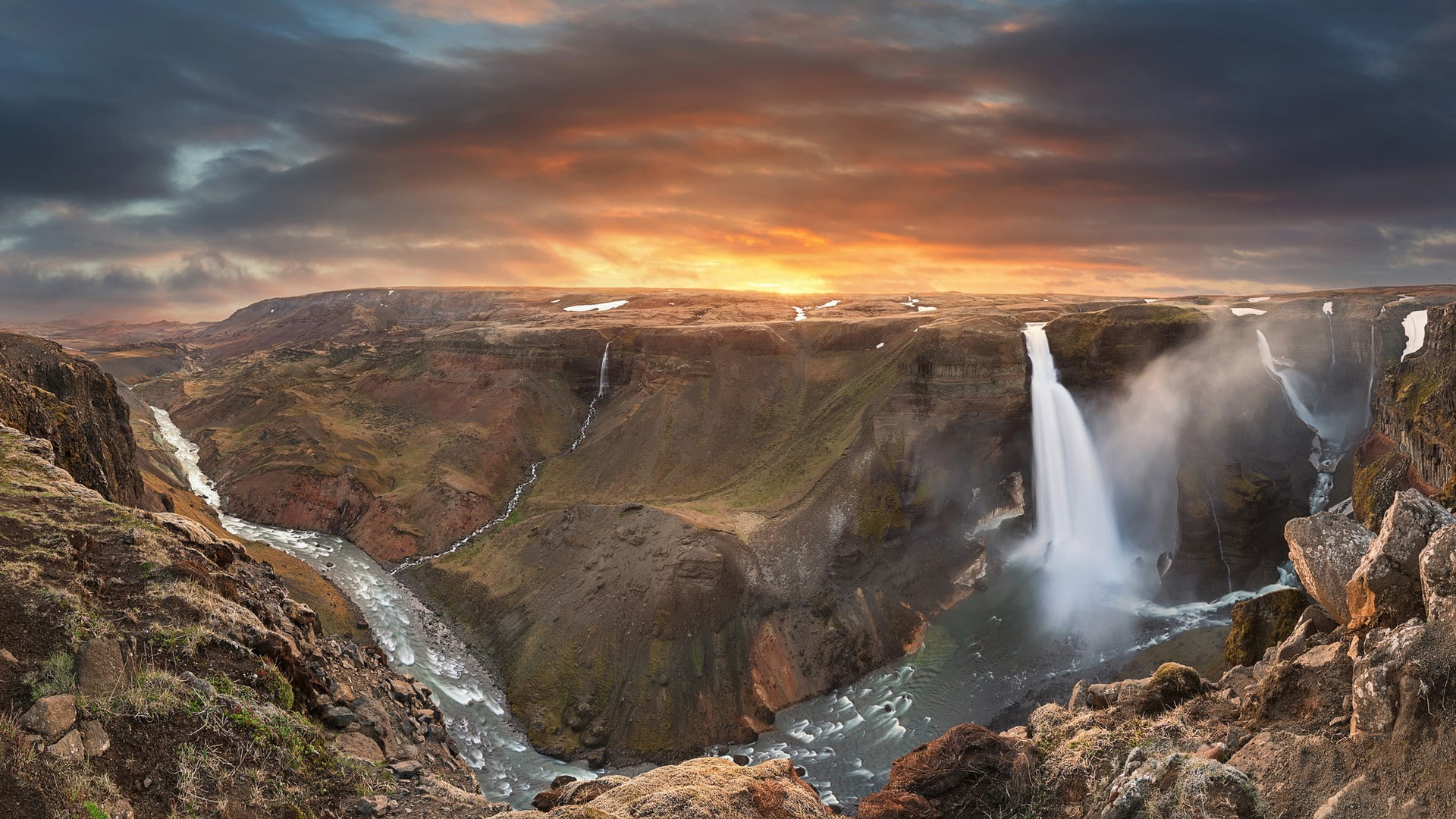 clouds, mountains, stones, sunset, stream, nature, long exposure, waterfall, Iceland, landscape, river, valley, rock, 1080P, HD Wallpaper