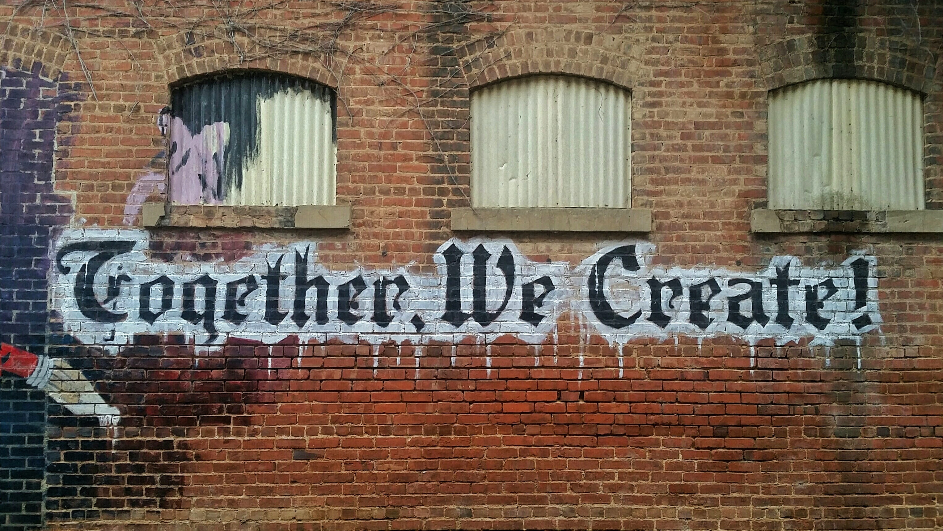 closed, text, wall - building feature, capital letter, brick wall, building exterior, together we create, create, brick, building, built structure, excerpts, HD Wallpaper