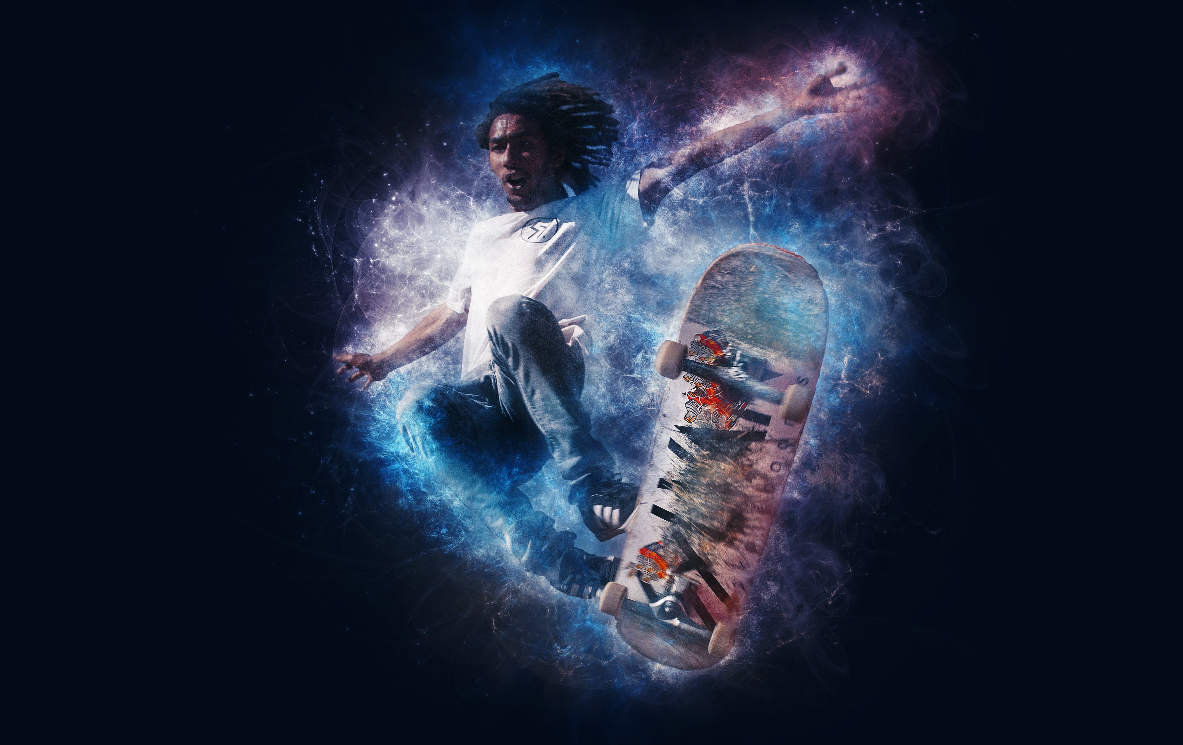 illuminated, nature, black background, playing, blue, adult, anatomy, Skateboarder, urban, extreme, mid adult, Sport, skating, men, multi colored, women, HD Wallpaper