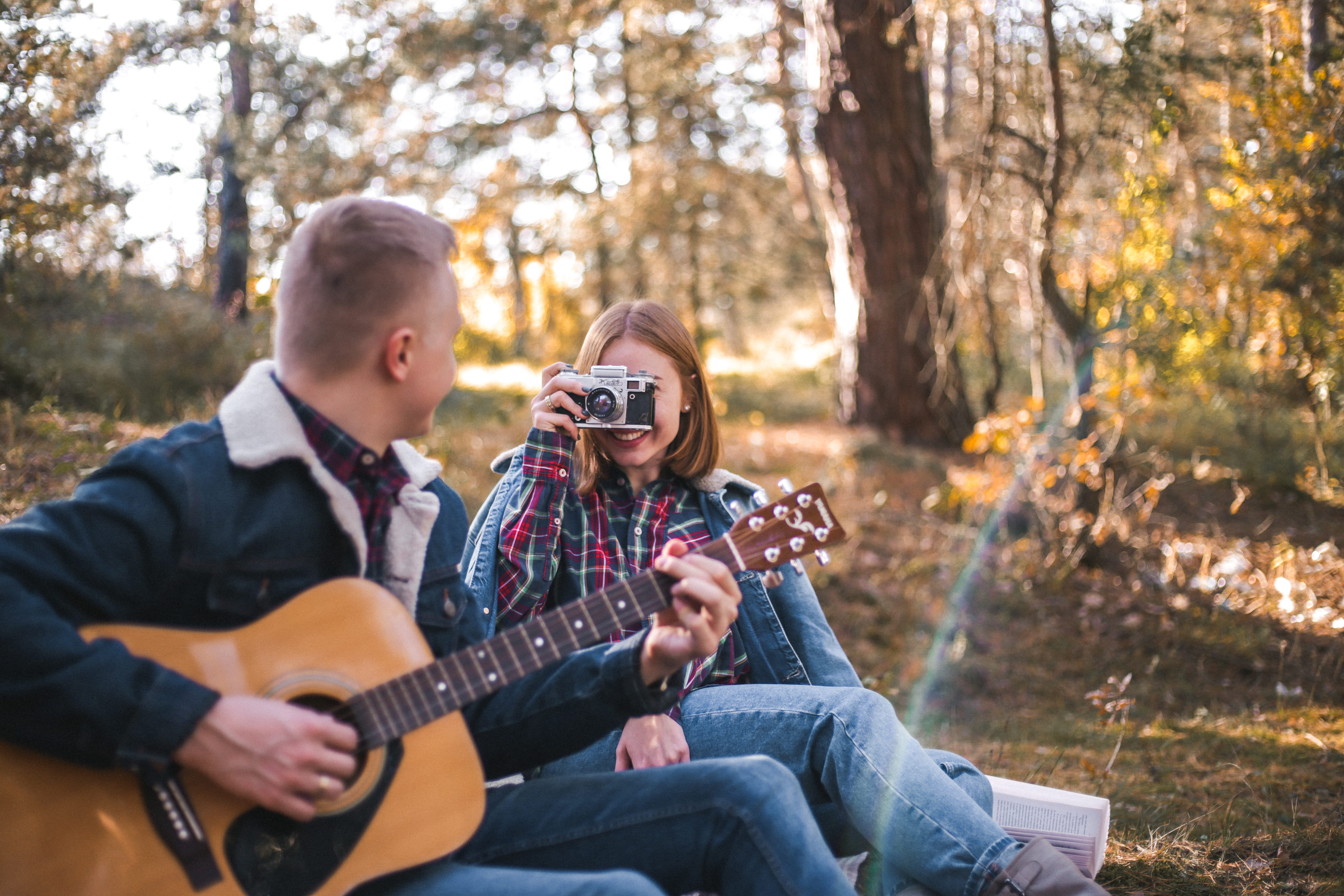 sitting, smiling, apparel, pants, arts culture and entertainment, two people, couple - relationship, leisure activity, clothing, person, plucking an instrument, HD Wallpaper