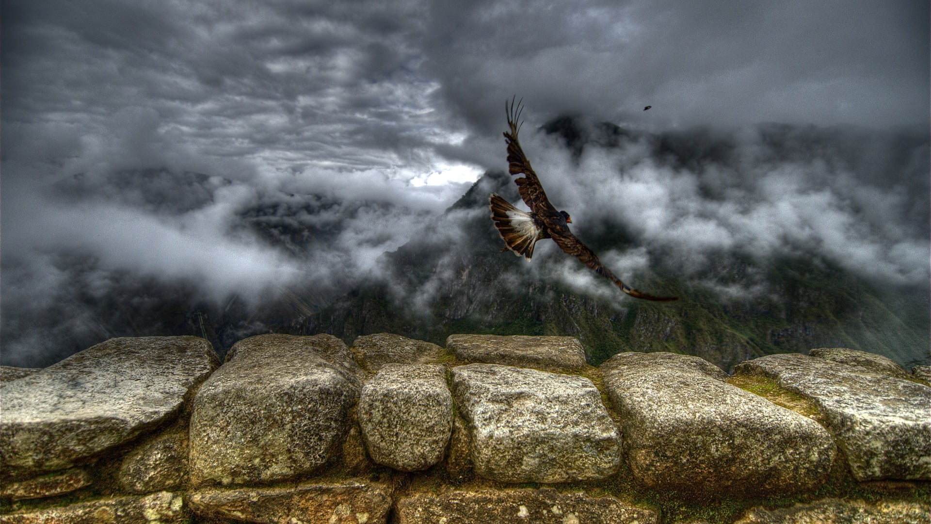 mountains, animals, environment, wall, 1080P, solid, outdoors, illustration, no people, birds, stones, travel destinations, brown, storm cloud, power in nature, HD Wallpaper