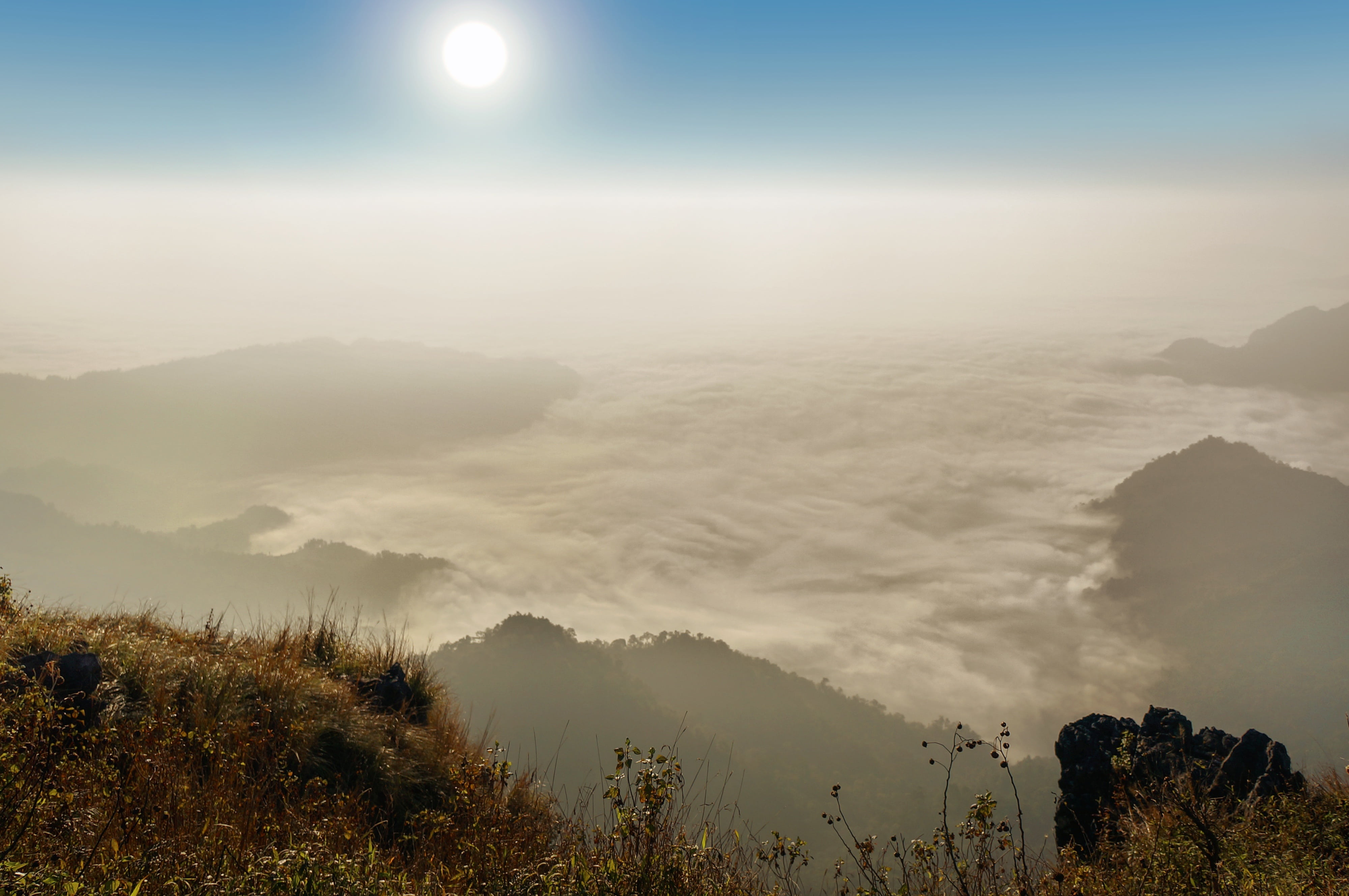 4K, scenery, sky, hill, mountain Peak, tranquility, blue, land, scenic, laos, mountains, rock, cloud - sky, huge, hiking, sunlight, dom, traveling, sunset, HD Wallpaper