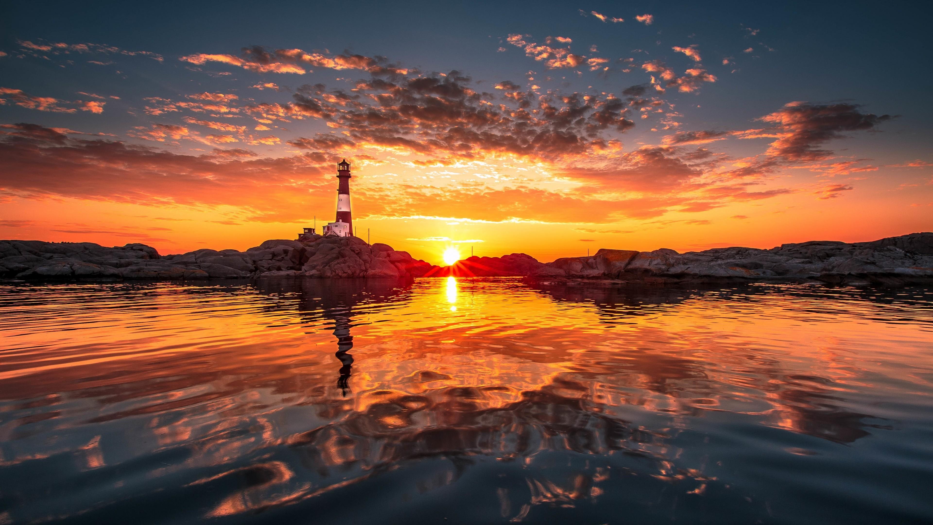 eigeroy lighthouse, 4K, skies, sunset, sky, clouds, coast, lighthouse, norway, beach, stones, rogaland, egersund, HD Wallpaper