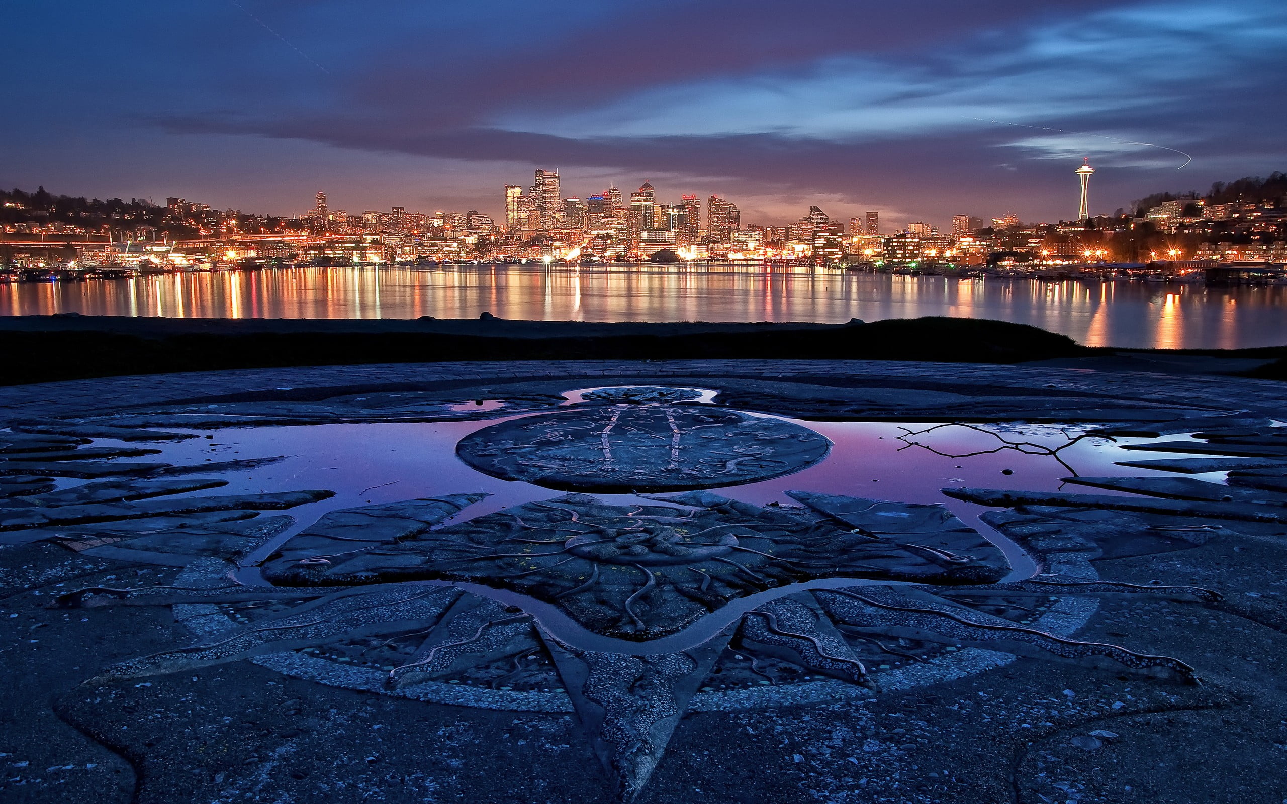 Seattle, reflection, body, illuminated, water, city, night, built structure, outdoors, 2K, no people, cloud - sky, travel destinations, building, lights, HD Wallpaper