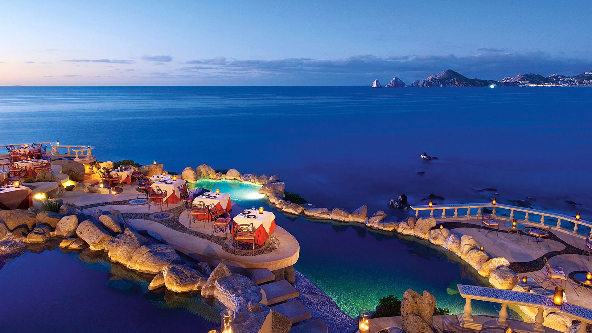 seascape, restaurant, vacation, evening, horizon, view, 1080P, sunset monalisa, ocean view, california sur, cabo san lucas, dusk, mexico, HD Wallpaper
