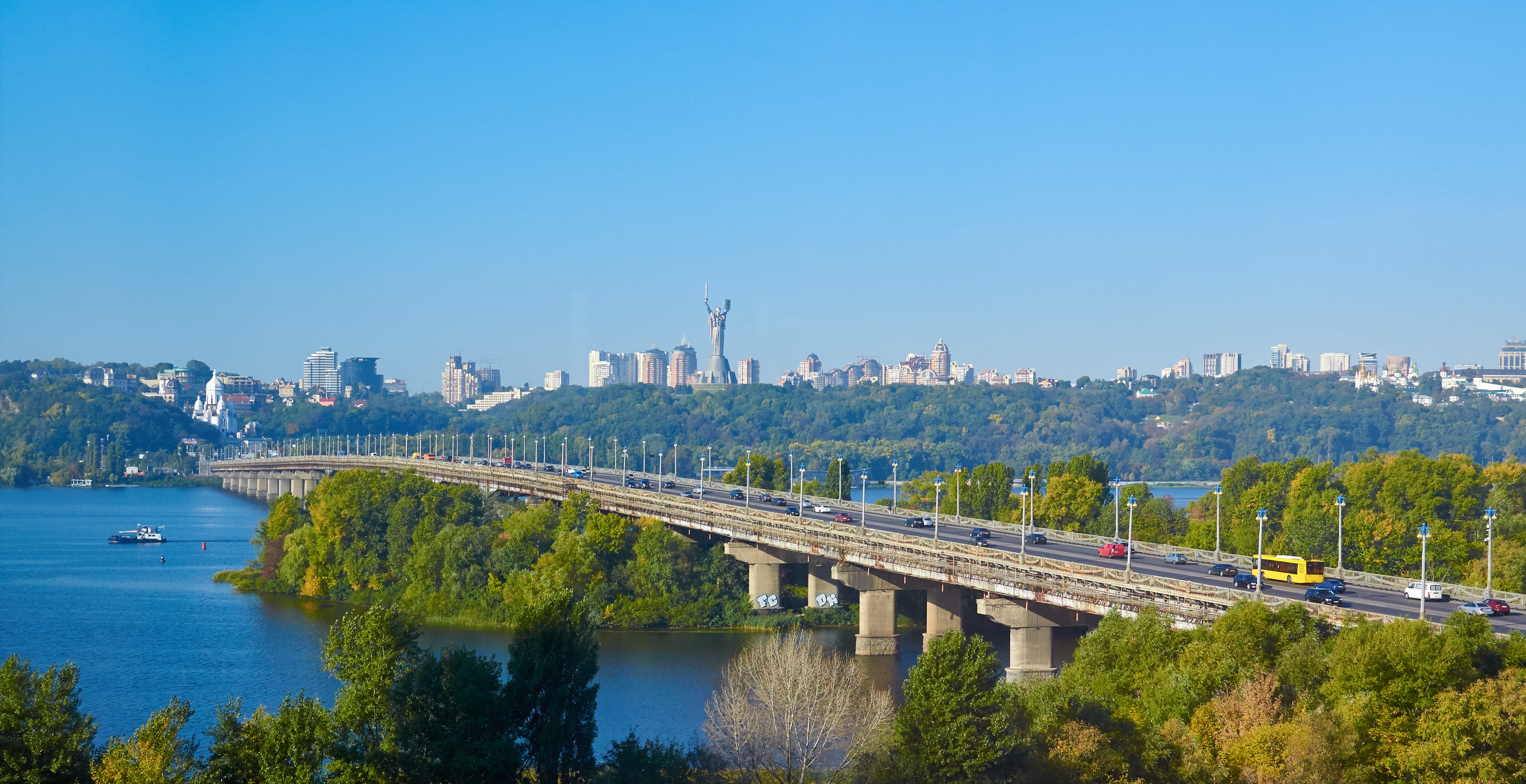 clear sky, connection, river, cityscape, conifer, forest, 4K, urban, tree, plant, vegetation, building exterior, land, modern, bridge, ukraine, scenery, HD Wallpaper