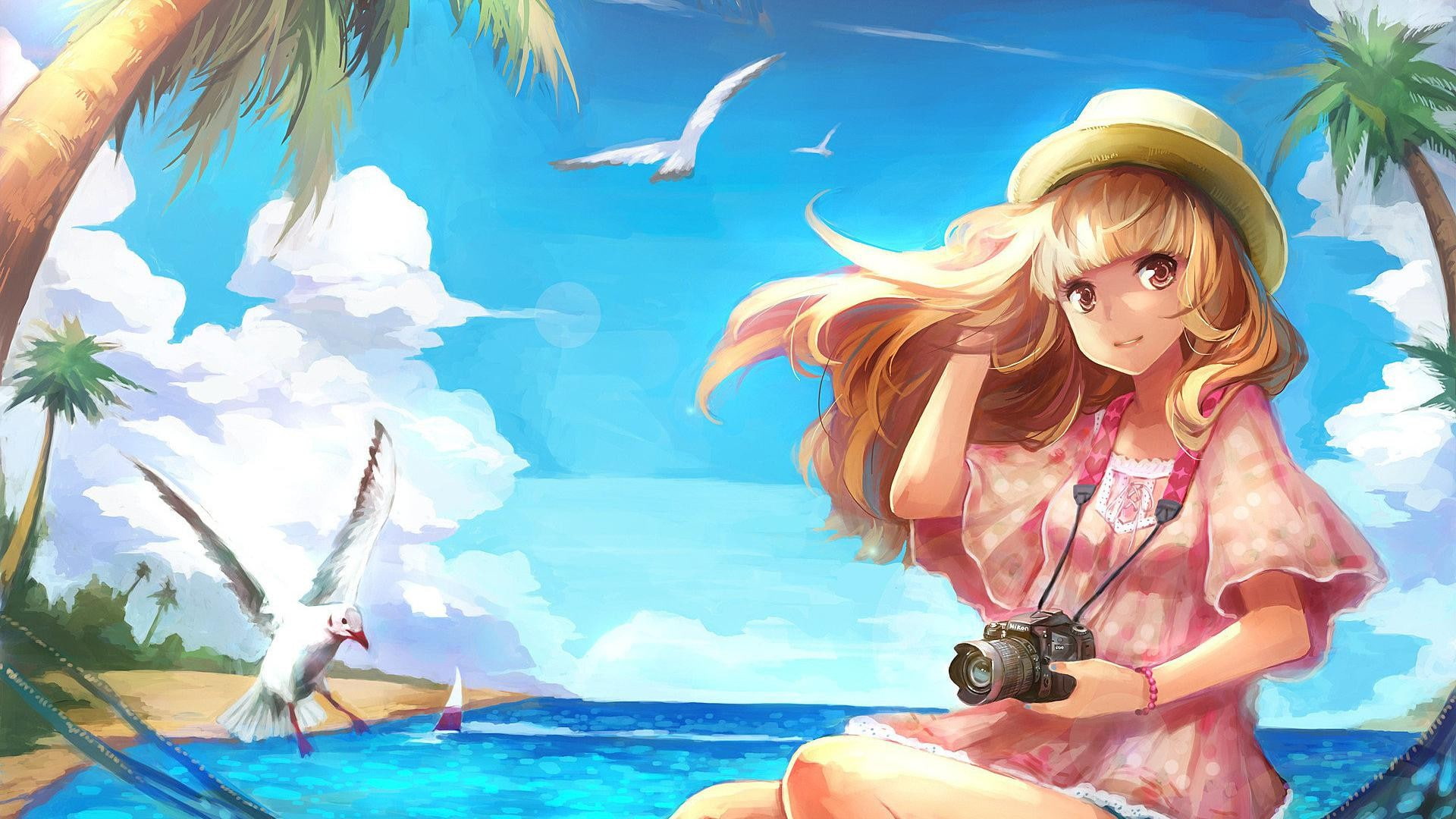 original characters, females, lifestyles, birds, sea, swimming pool, young women, hat, women, beautiful woman, clouds, trip, anime girls, holiday, vacations, HD Wallpaper