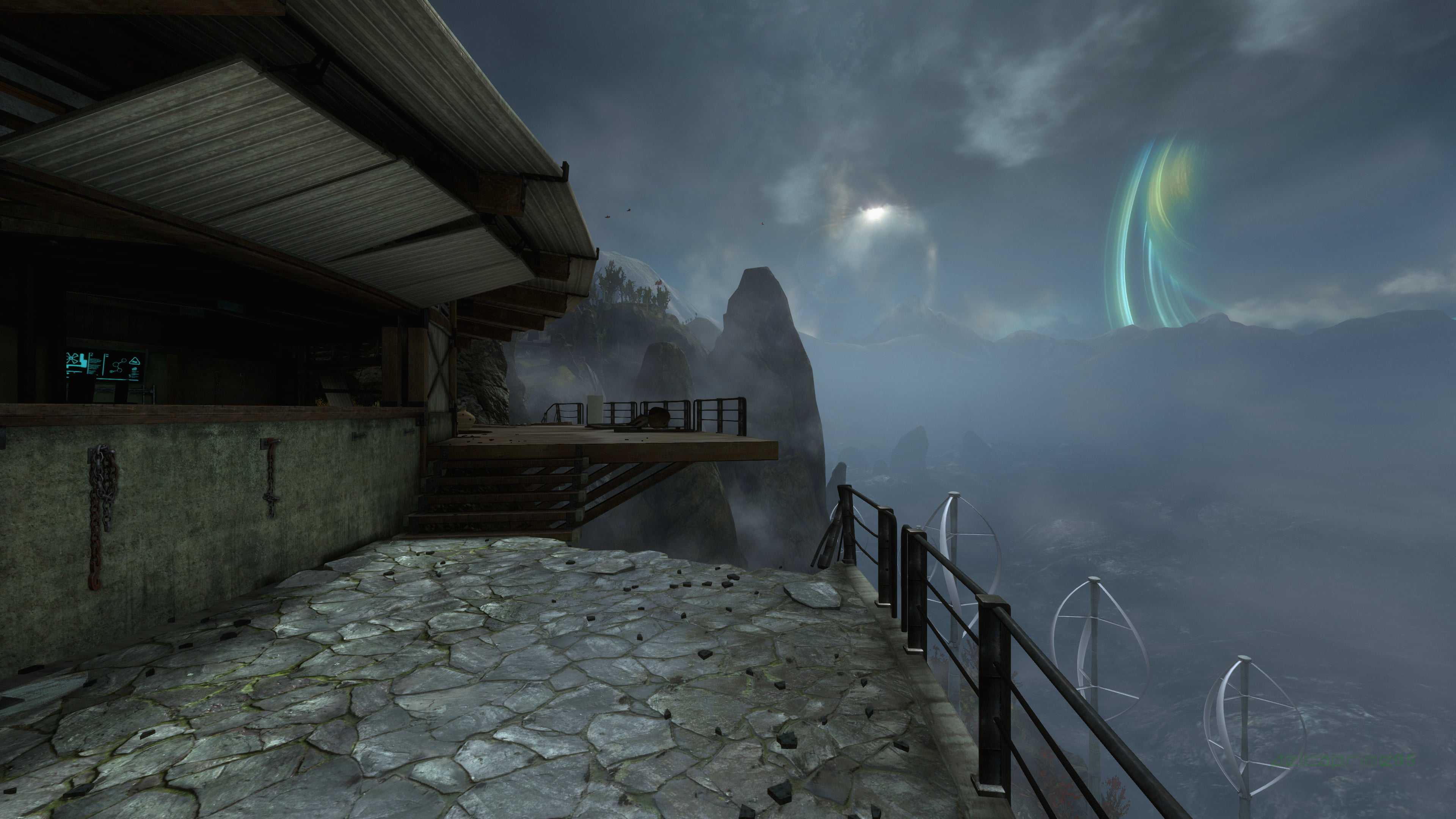 Halo Reach, PC gaming, wind farm, screen shot, in-game, horizon, 4K, planet, Ledge, Planet Reach, stairs, HD Wallpaper