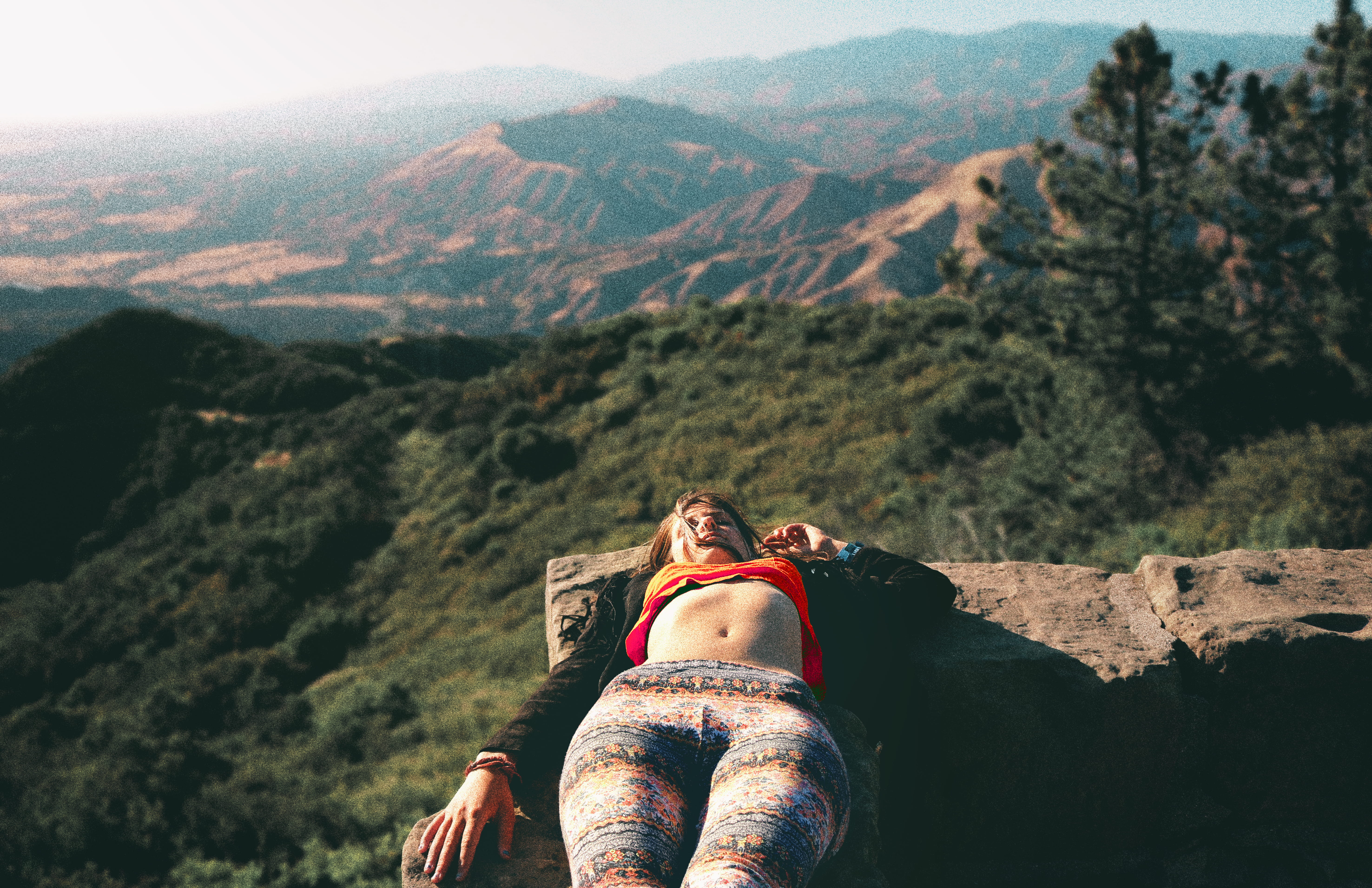 lying, nature, mountain, lying down, ledge, adult, outdoors, beauty in nature, tree, sunlight, holiday, vacations, daytime, style, female, day, couple - relationship, HD Wallpaper