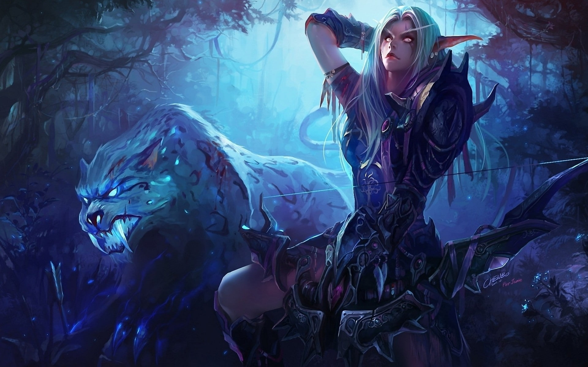 pointed ears, animals, elves, video games, bow, blonde, World of Warcraft, 1080P, fantasy girl, Night Elves, HD Wallpaper