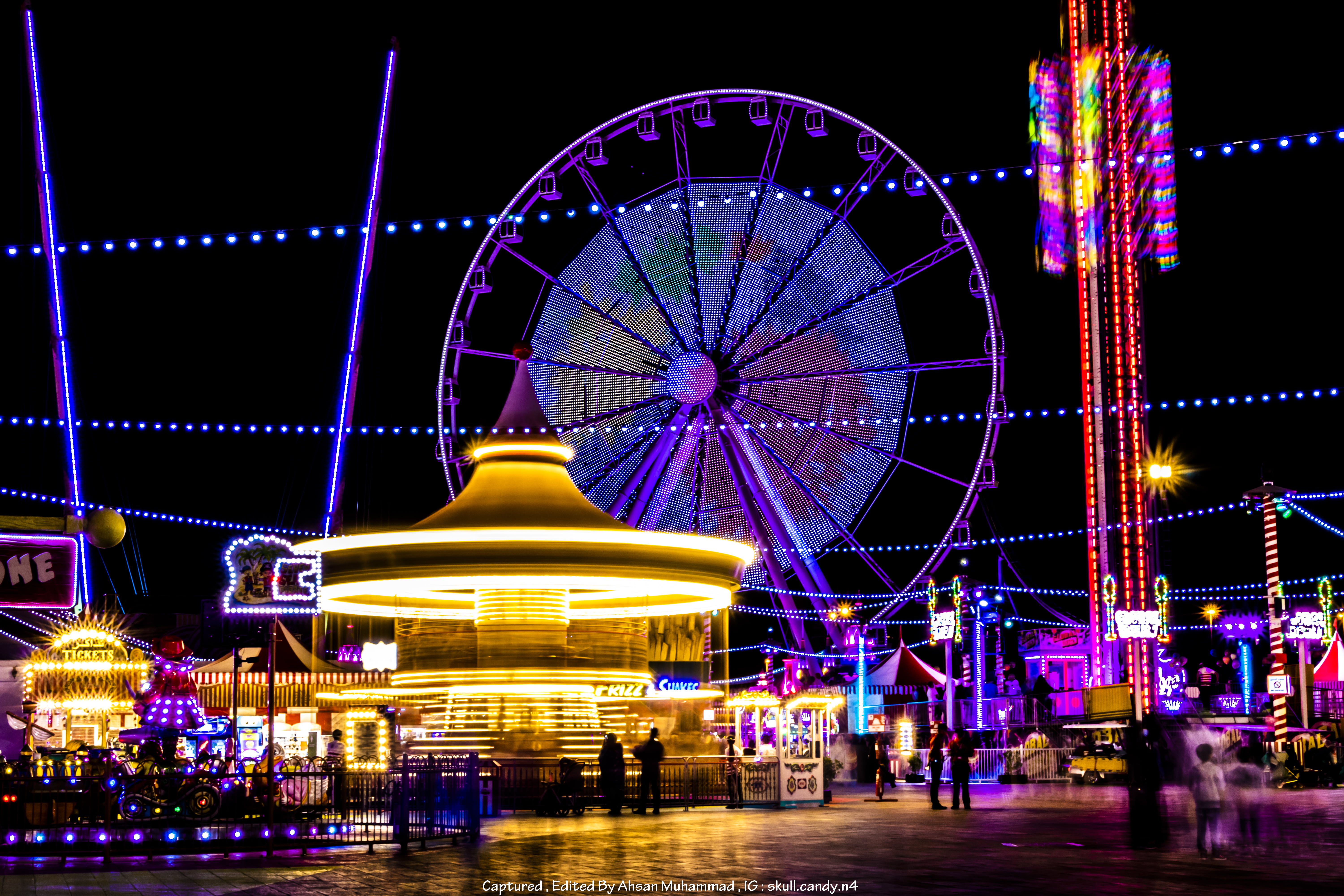 global village dubai, 5K, long exposure, ferris wheel, carnivals, Night Elves, HD Wallpaper