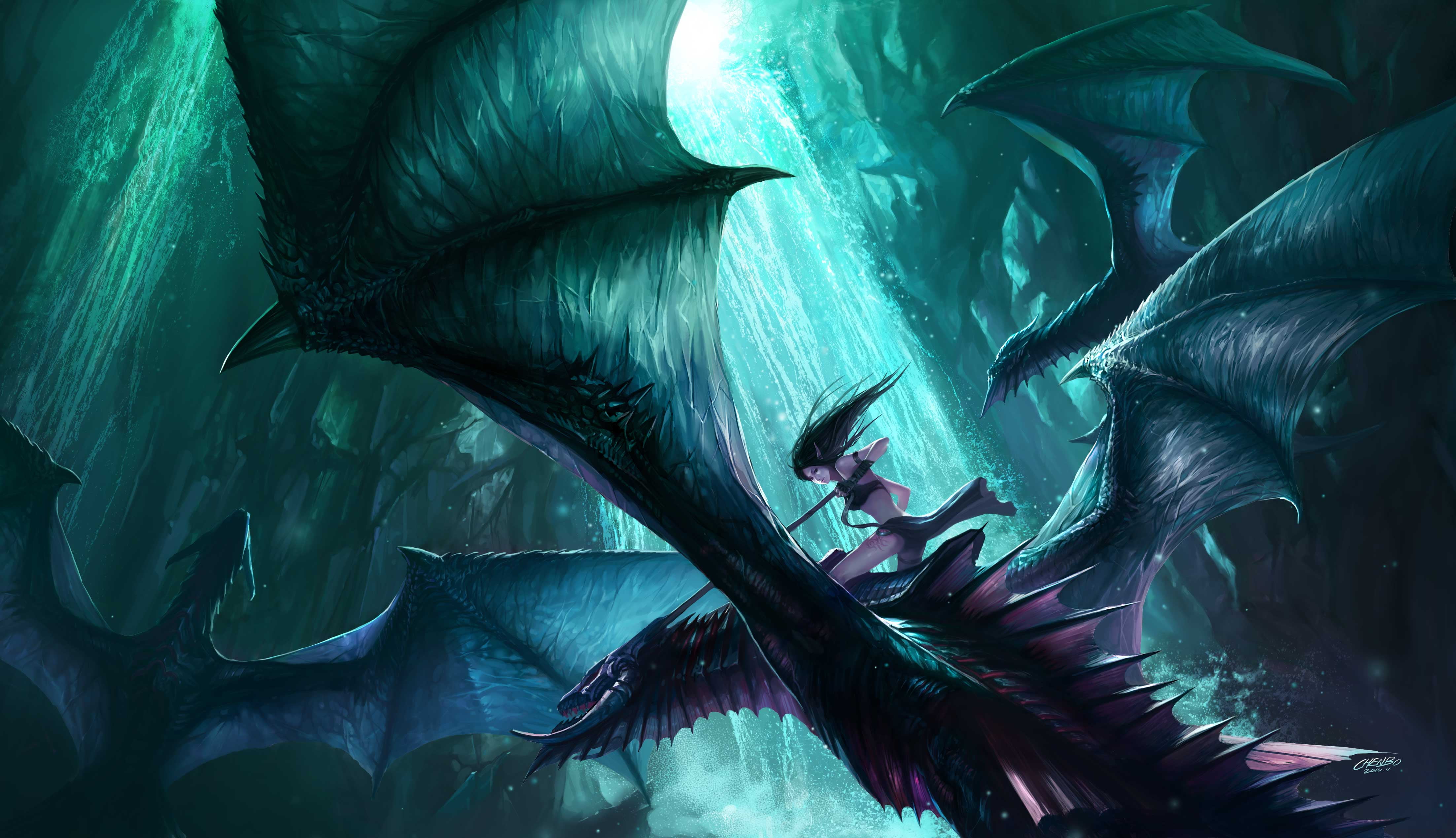 Chenbo, long hair, elves, tattoo, dragon, waterfall, pointed ears, Warcraft, Night Elves, flying, weapon, cave, fantasy girl, water, World of Warcraft, HD Wallpaper
