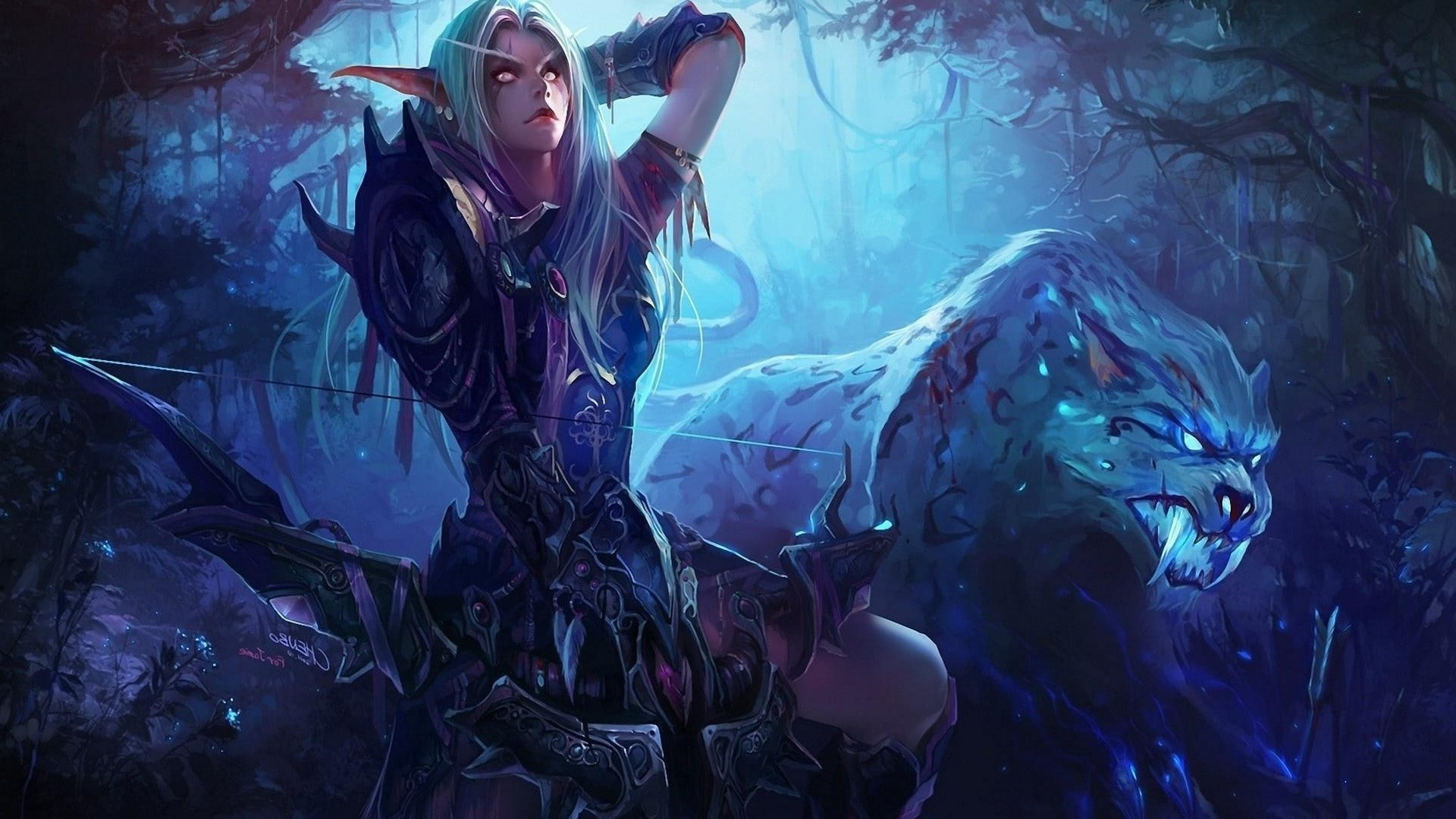 dark, beautiful woman, looking, nature, warcraft elves night elves bow and arrow world of warcraft, beautiful people, adult, fashion, hair, 1080P, young women, HD Wallpaper