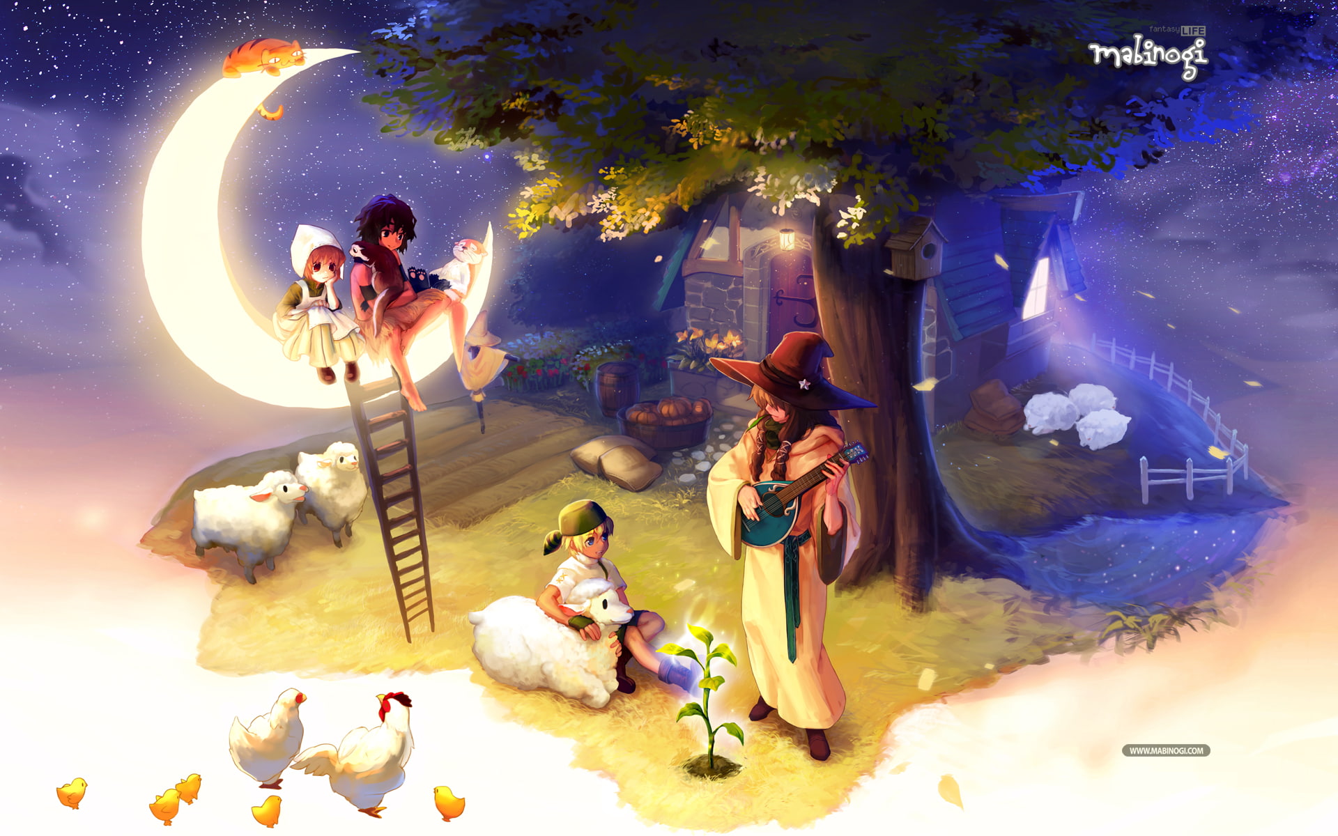 1080P, anime, elves, fighting, deian, rpg, animal, online, adventure, alissa, moon, tupai, wierd, night, cat, action, world, sheep, mmo, elf, mabinogi, HD Wallpaper