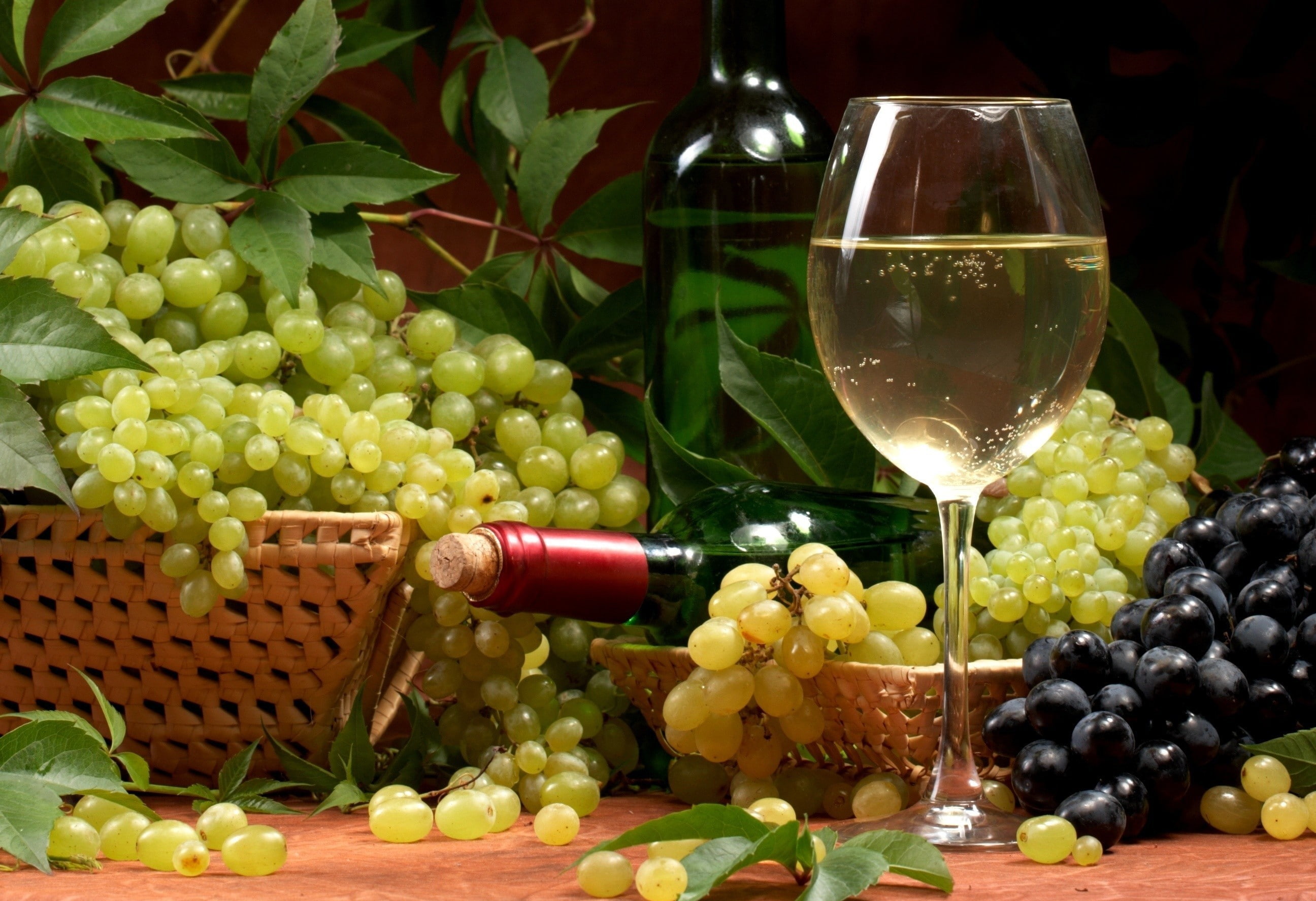 drink, bottles, 2K, fruit, grapes, alcohol, wine, HD Wallpaper