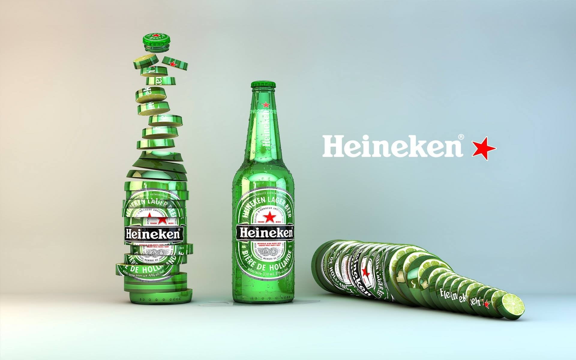 beer bottle, text, table, bottle, green color, CGI, studio shot, minimalism, beer, representation, Heineken, still life, fresh, container, western script, HD Wallpaper
