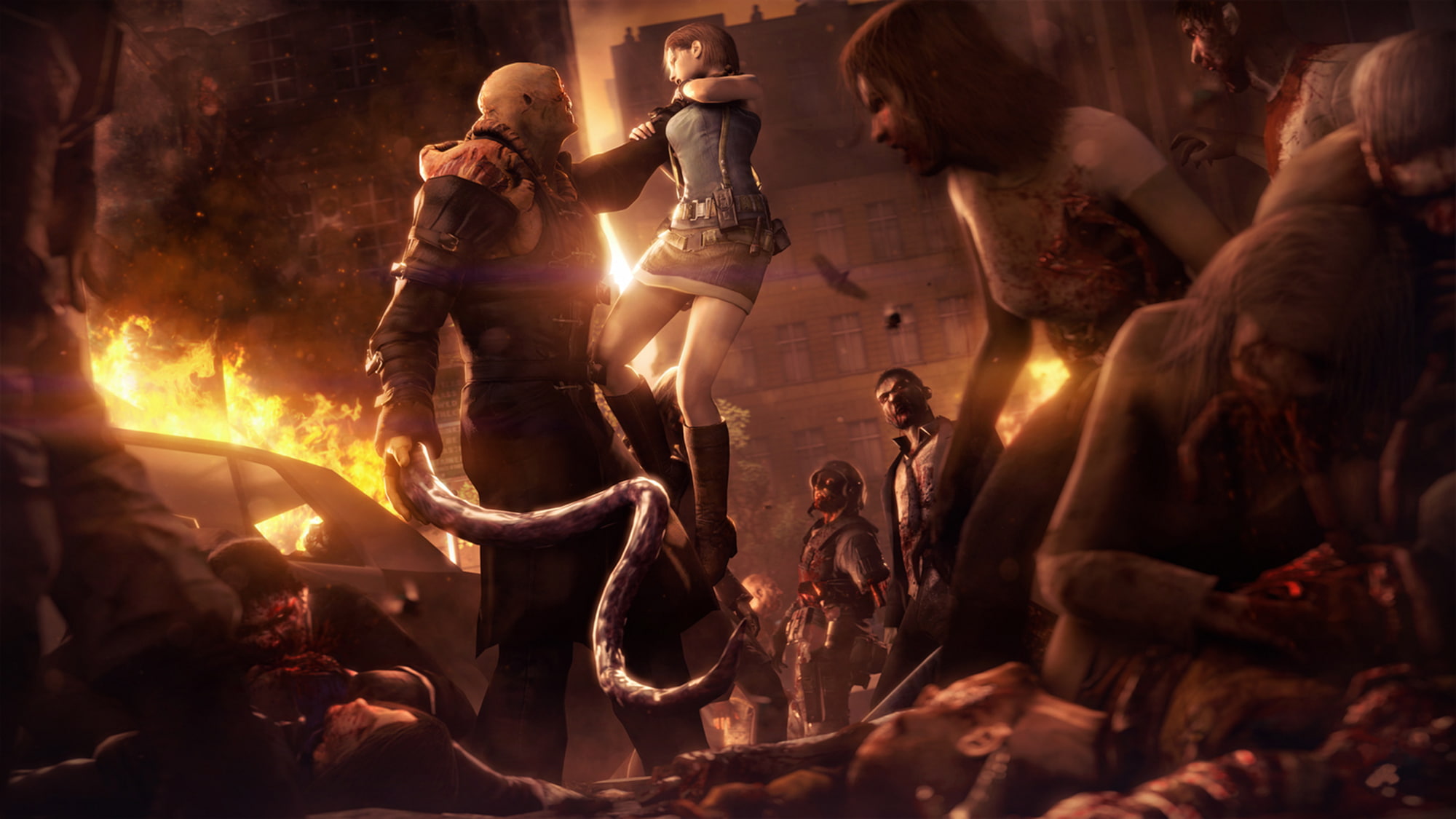 jil valentane, resident evil, night, infection, Raccoon City, illuminated, Pursuer, 1080P, burning, street, large group of people, nemesis, group, women, HD Wallpaper
