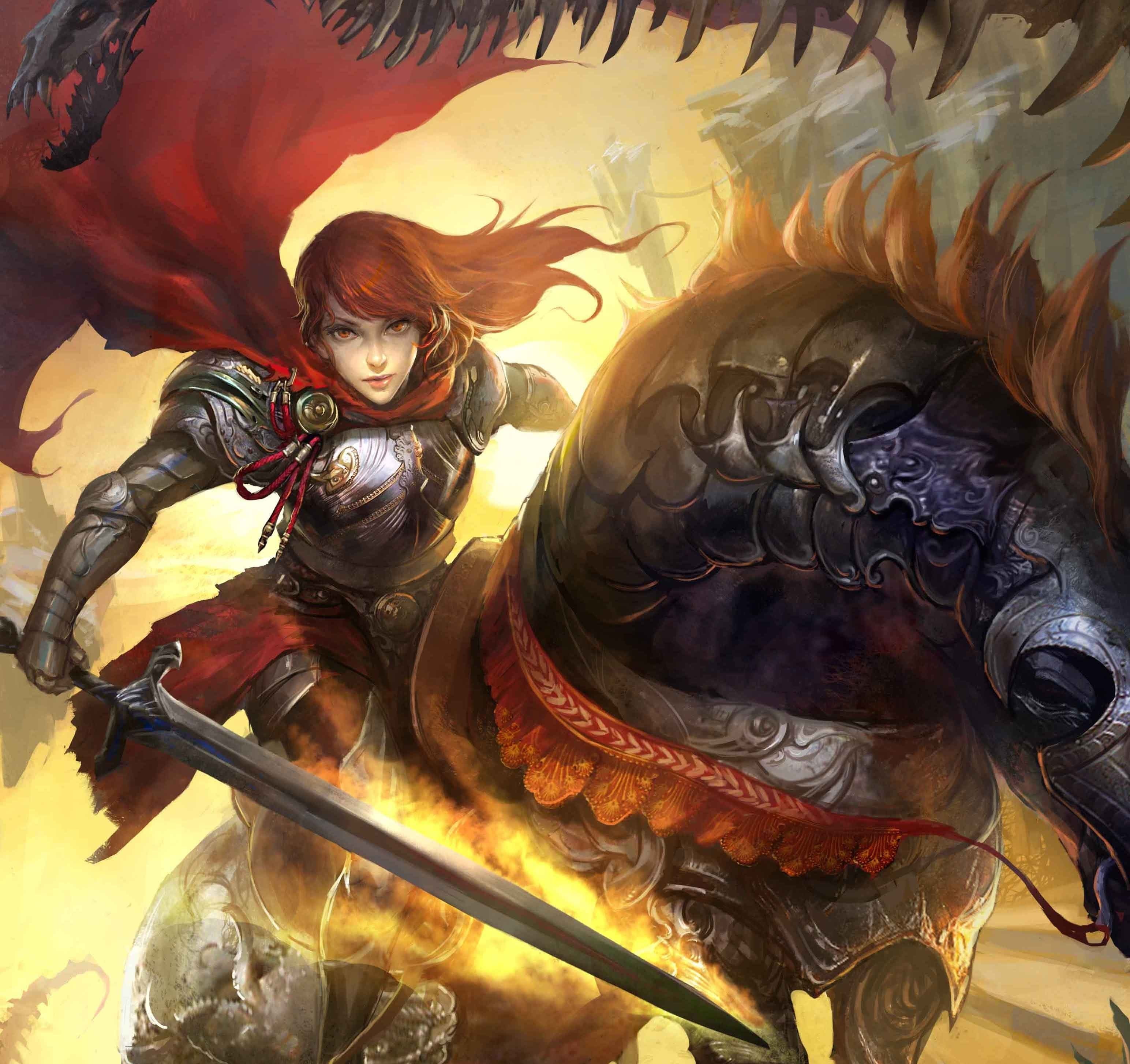fantasy art, warrior, armor, horse, war horse, 2K, Legend of the Cryptids, sword, artwork, HD Wallpaper