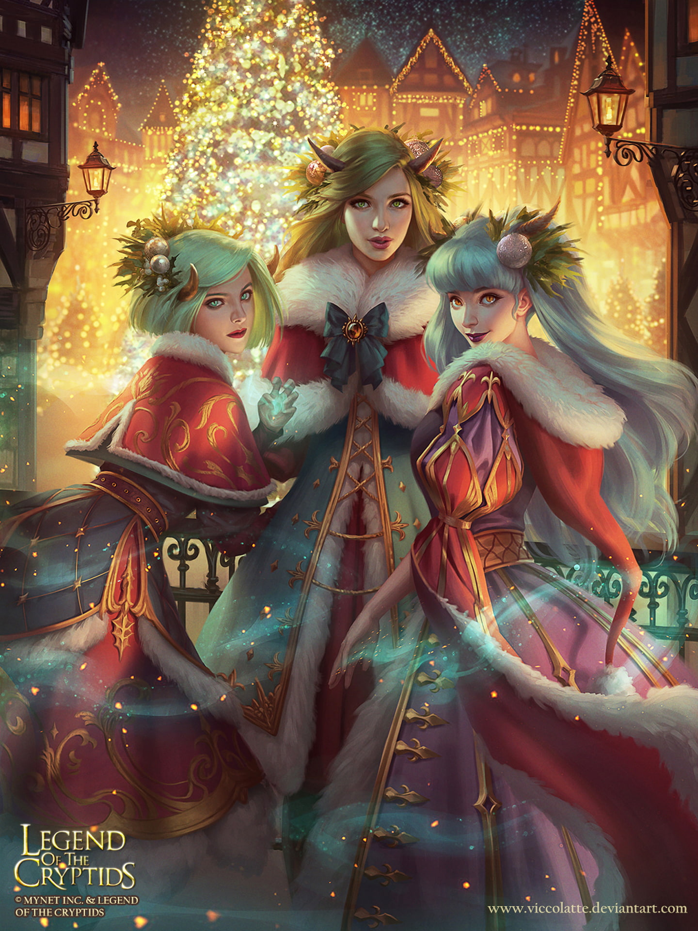tree, legend, light, cryptids, girls, 1080P, christmas, Phone HD Wallpaper