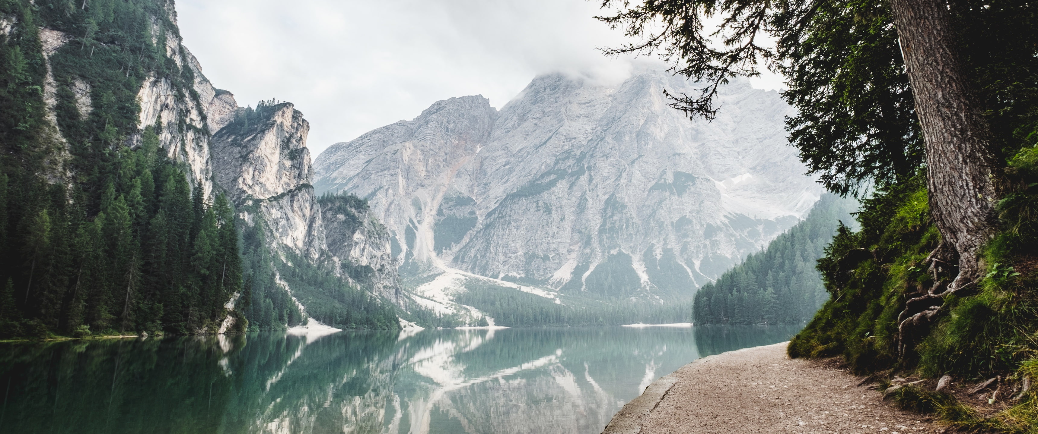 snow, 2K, river, forest, landscape, ultrawide, HD Wallpaper