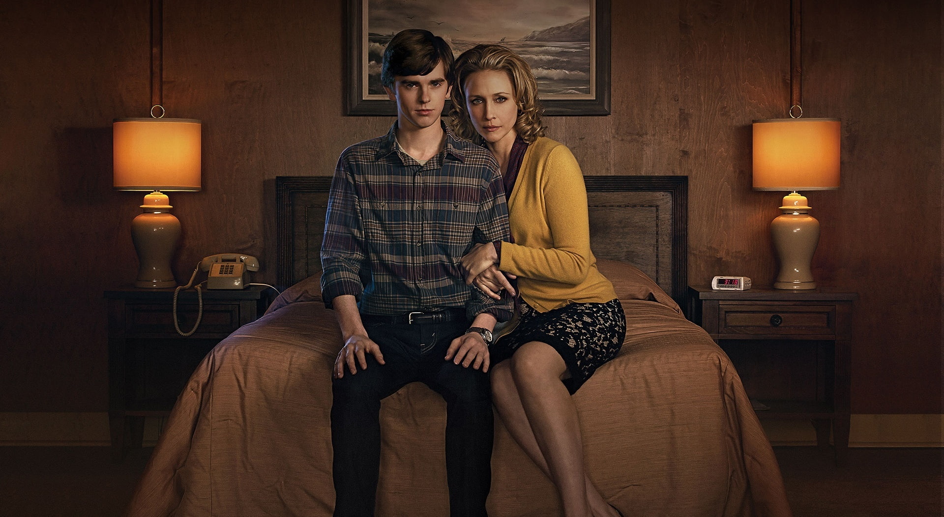 Movies, indoors, Norma Bates, men, love, two people, Freddie Highmore, television series, tv show, electric lamp, thriller, actors, long, three quarter length, HD Wallpaper