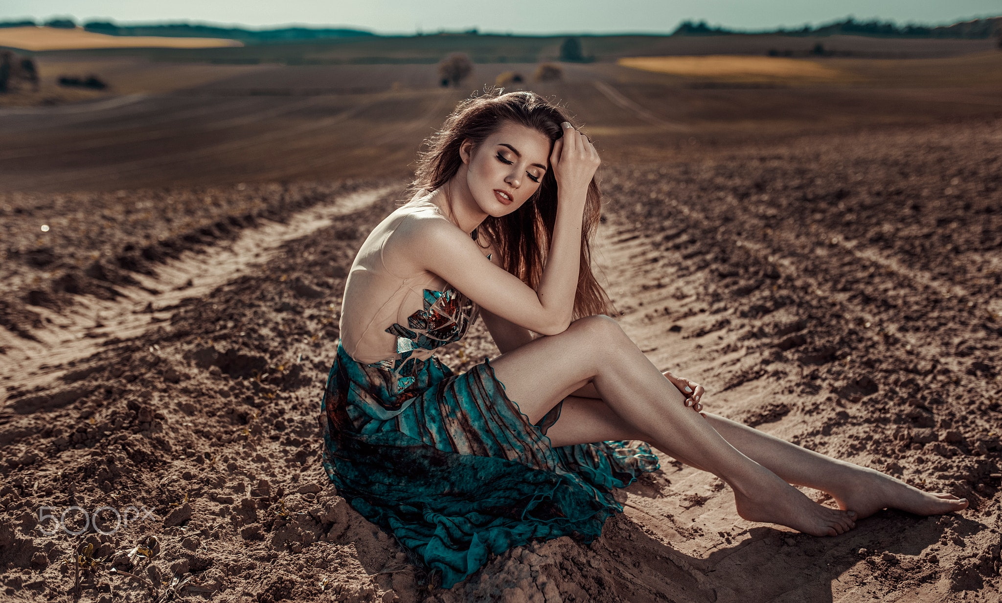 women outdoors, dress, young women, legs, hair, closed eyes, clothing, field, Damian Piórko, brunette, one person, looking at camera, beautiful woman, portrait, HD Wallpaper