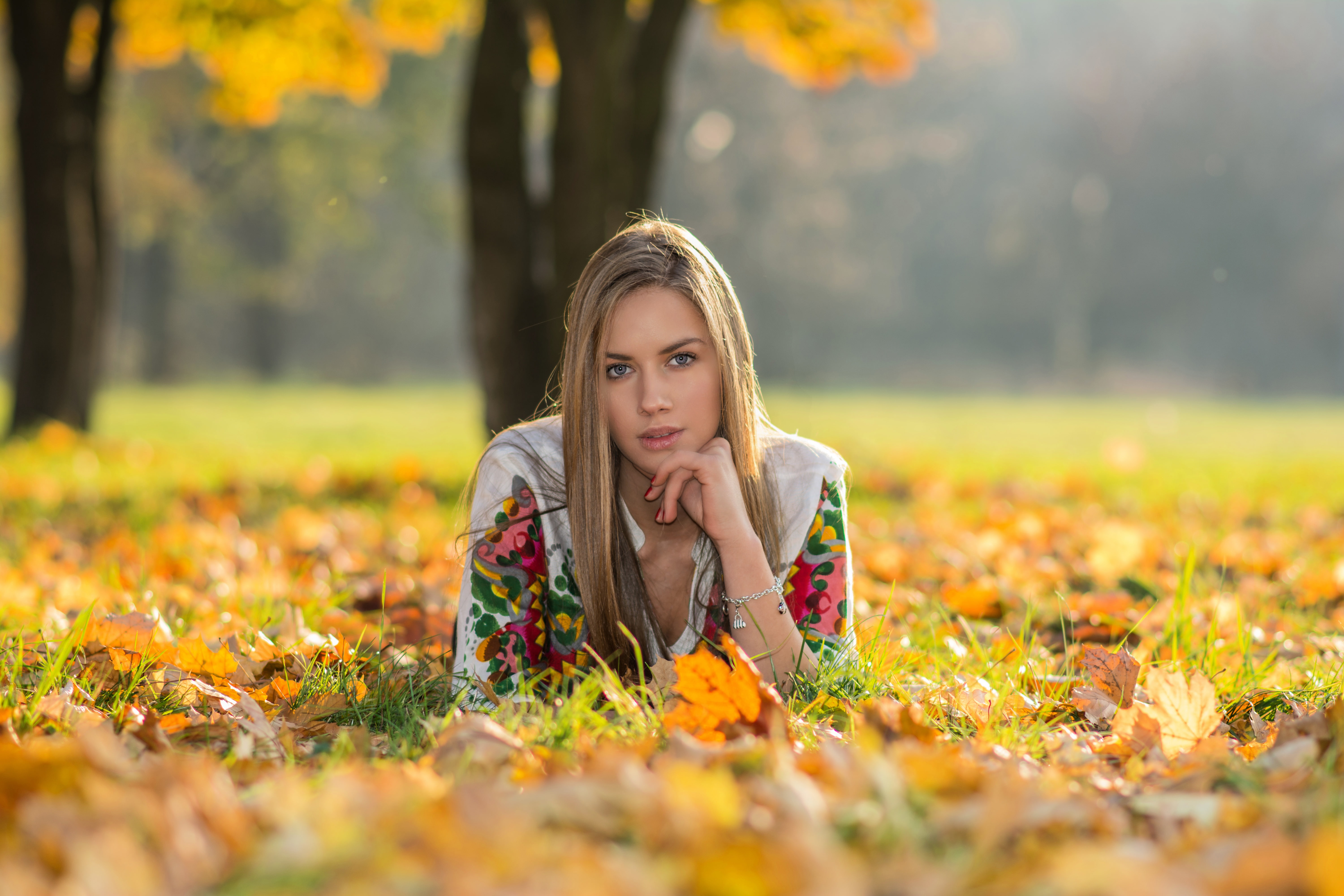 model, long hair, fall, blue eyes, blonde, women, 5K, depth of field, looking at viewer, HD Wallpaper