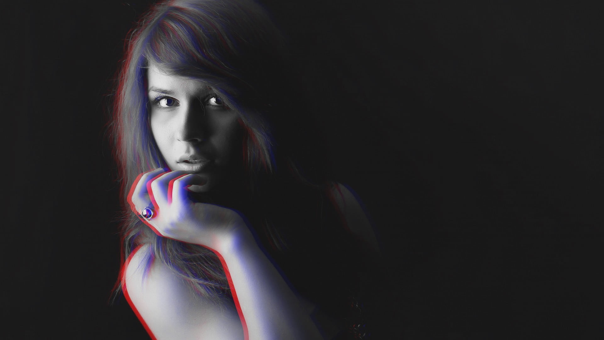 beauty, abstract, s, dark background, young women, studio shot, headshot, front view, adult, anaglyph 3D, human body part, 1080P, young adult, women, illuminated, HD Wallpaper