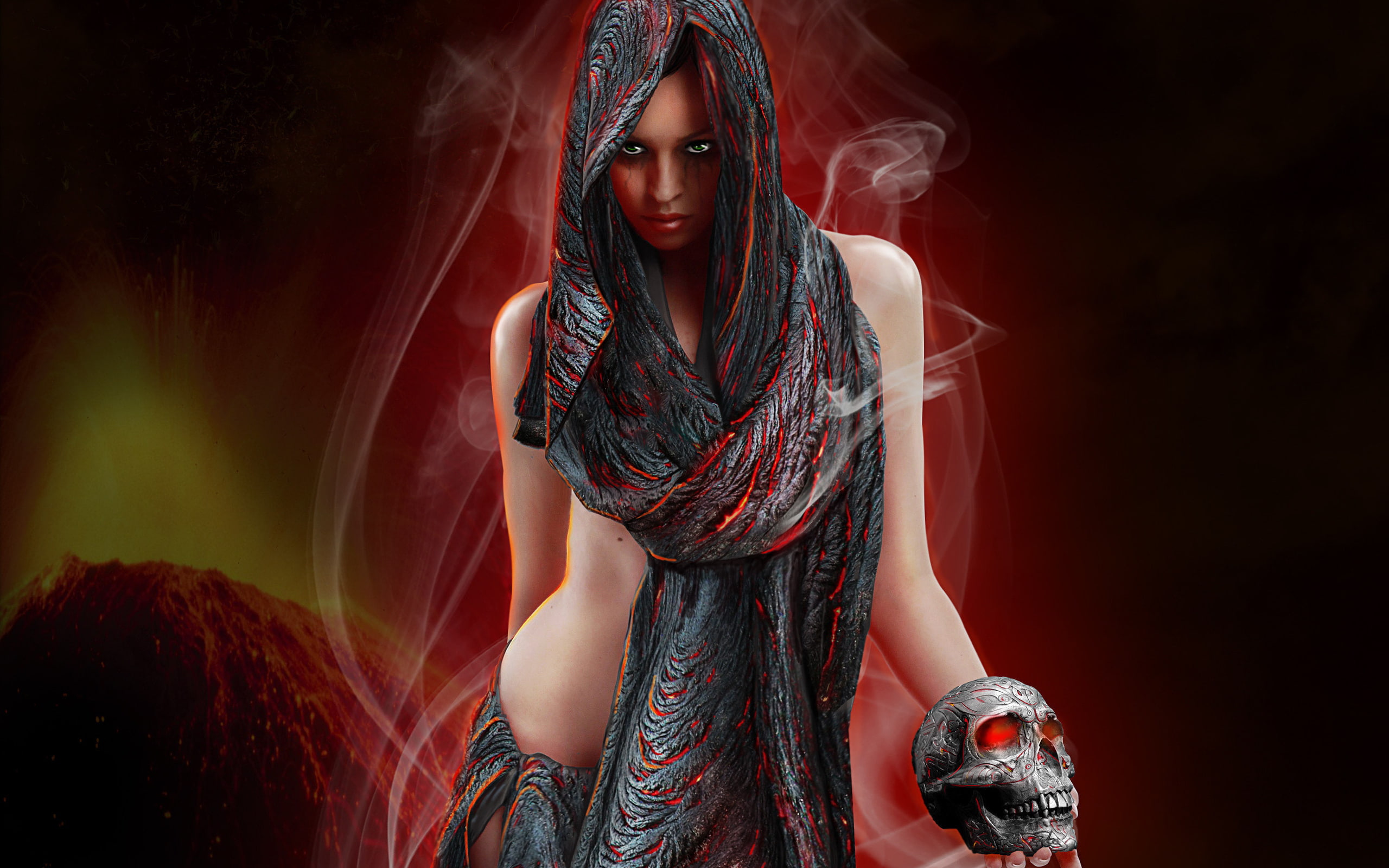dark, girl, scarf, skull, s, hot, women, red, skulls, 2K, black, girls, HD Wallpaper