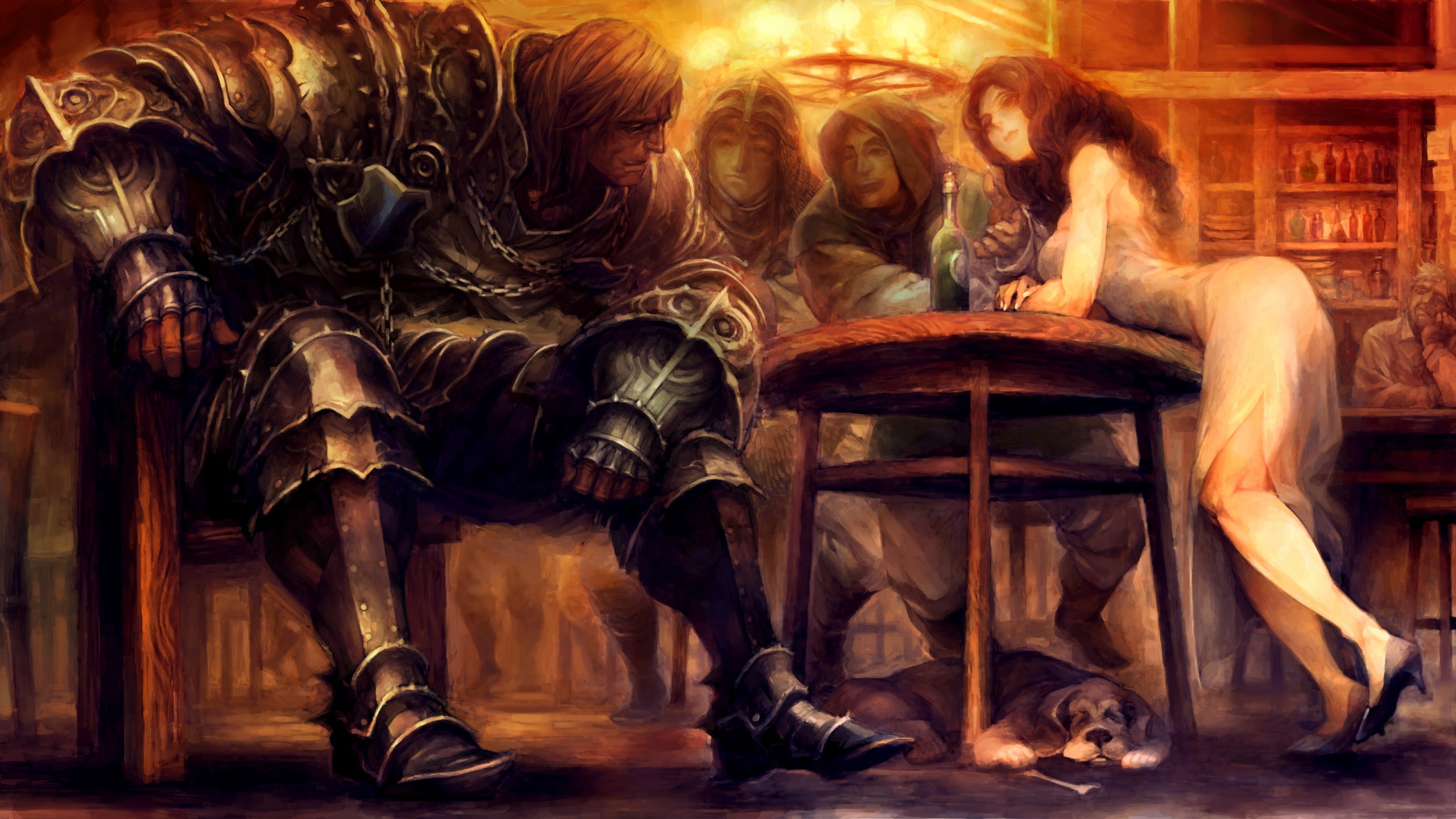 dog, armor, men, table, soldier, tavern, Warrior, digital art, 2K, fantasy, bottle, fantasy art, girl, knight, artwork, HD Wallpaper