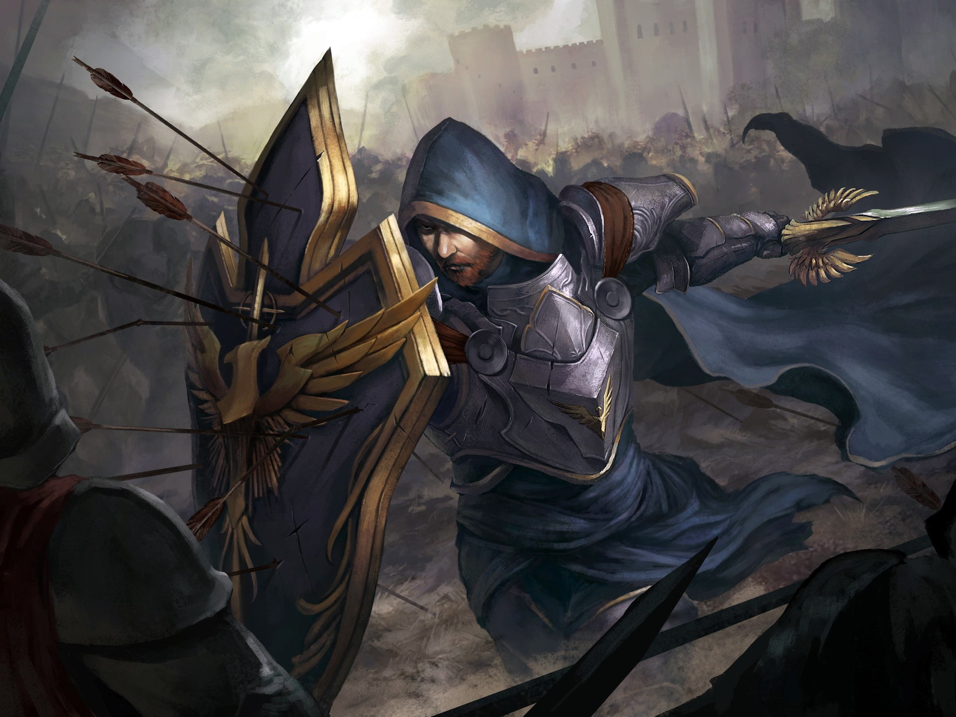 castle, sword, walls, arrows, hood, artwork, armor, shield, fantasy art, Warrior, cape, war, tower, 1080P, battle, fantasy, soldier, weapons, HD Wallpaper
