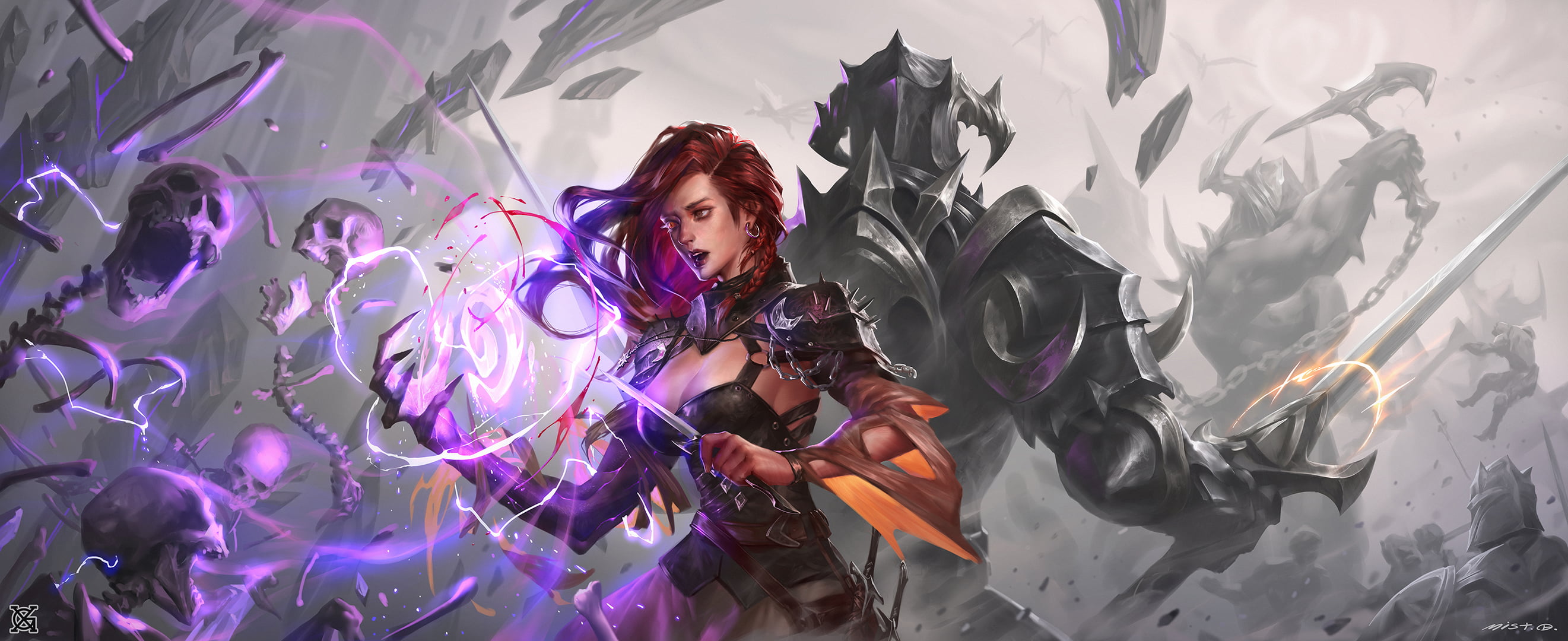 sword, magic, skull, illustration, battle, artwork, fantasy art, armor, braided hair, weapon, redhead, digital art, warrior, Pixiv, knight, skeleton, women, HD Wallpaper