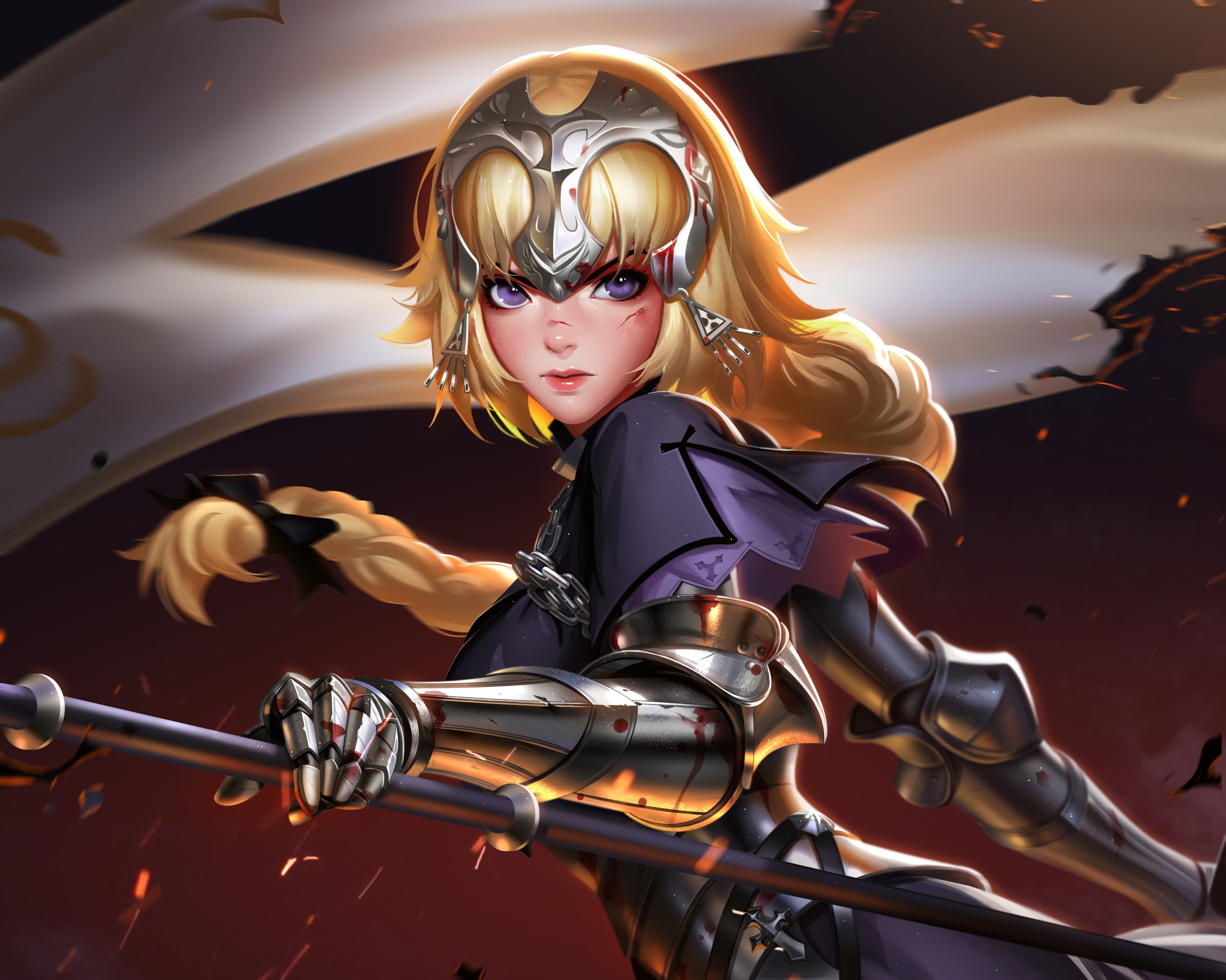 anime girl, Fate/Stay Night, soldier, 2K, Ruler, blood, warrior, artwork, Fate/Apocrypha, Fate/Grand Order, weapon, girl, sword, anime, blonde, armor, HD Wallpaper
