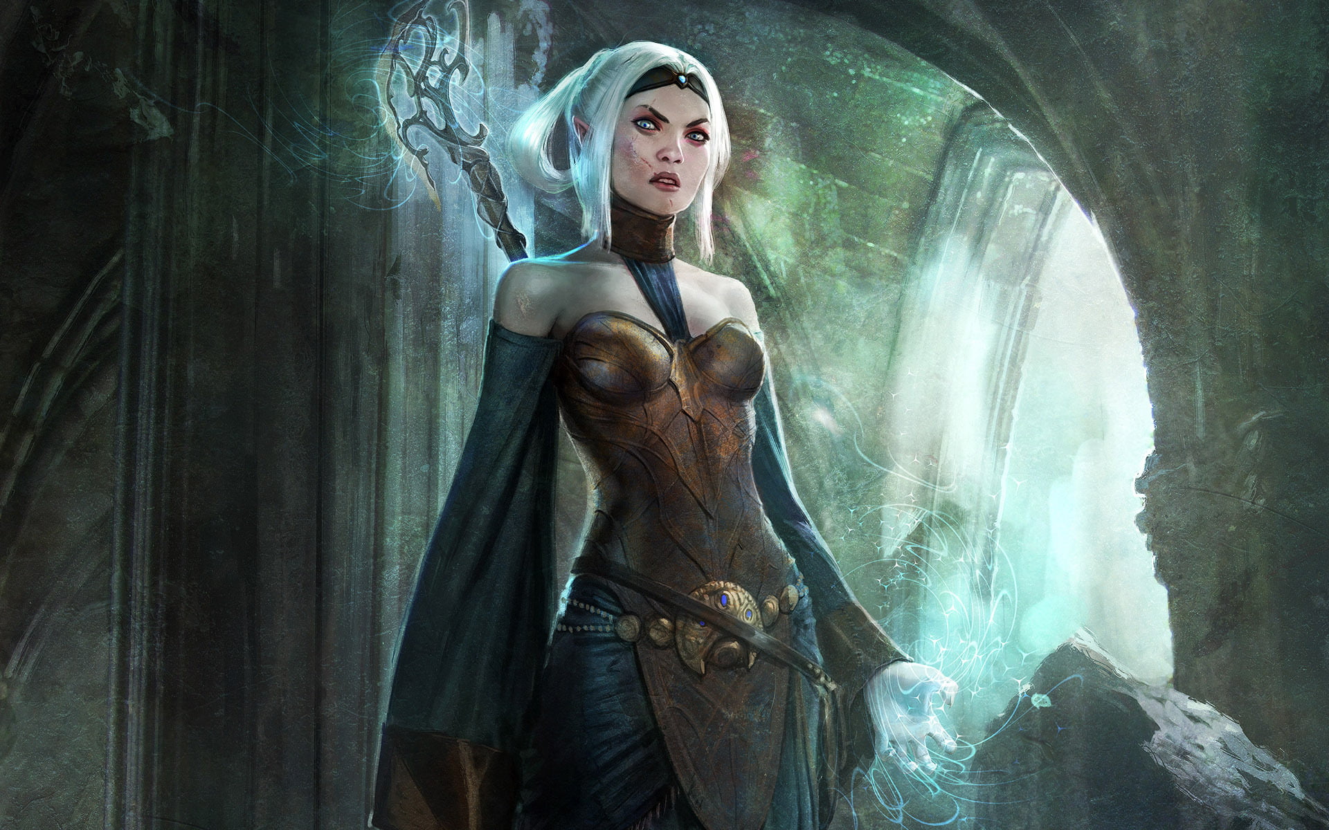 young adult, blue, rock - object, females, sleeved, solid, long, brown, 1080P, fantasy art, woman, one person, religion, nature, women, portrait, video games, HD Wallpaper