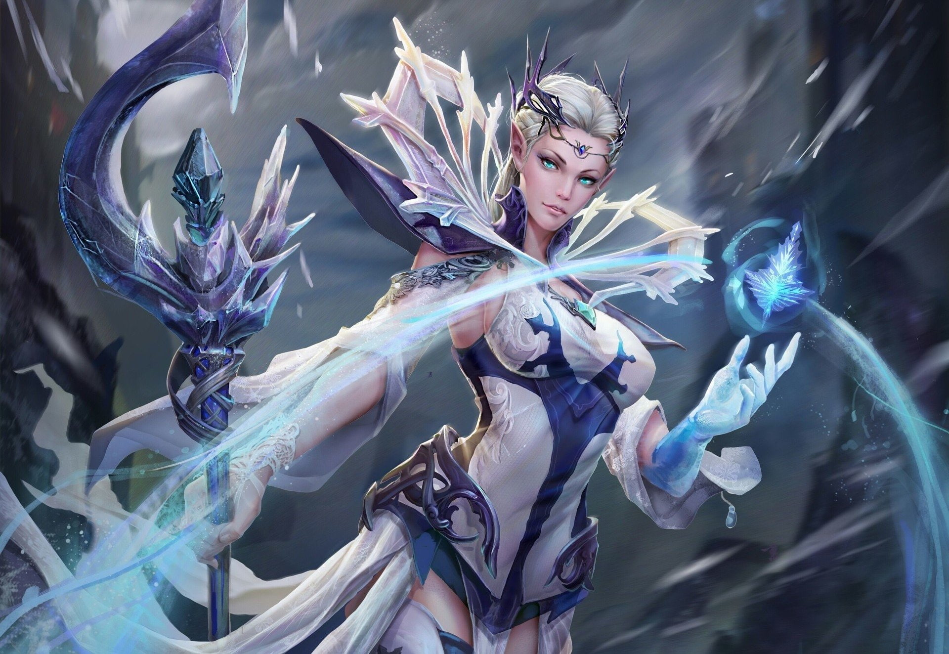 Aqua Eyes, Staff, Sorceress, Woman, Blonde, Magic, 1080P, Pointed Ears, Fantasy, Girl, HD Wallpaper