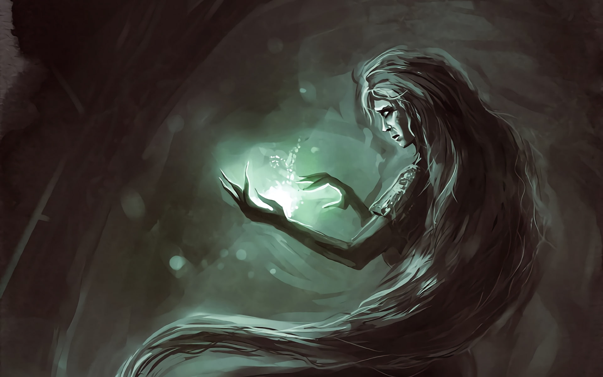 hair, The witch, hairstyle, adult, long hair, indoors, swimming, sorceress, undersea, art, leisure activity, marina petrova, lifestyles, witch, magic, 1080P, HD Wallpaper