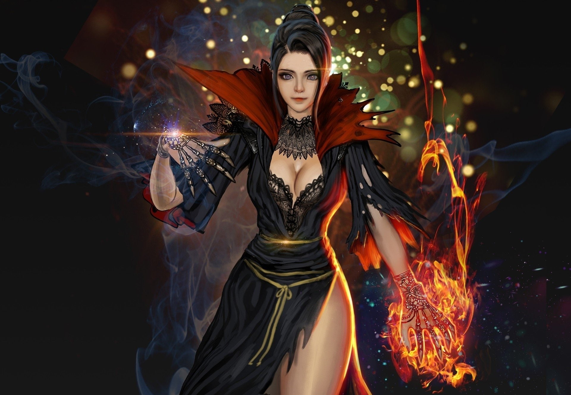 Fire, Woman, Magic, Black Hair, 1080P, Girl, Sorceress, Fantasy, Purple Eyes, HD Wallpaper