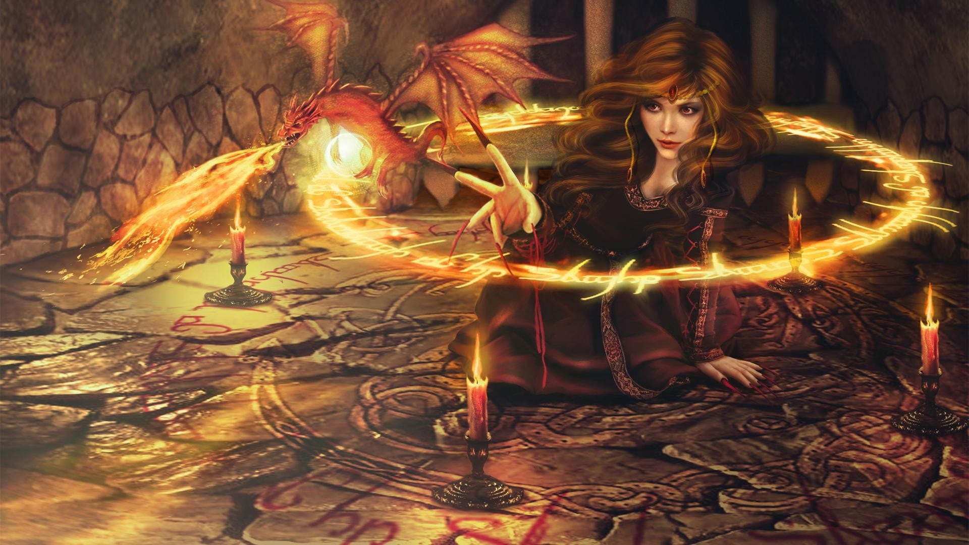 circle, sorceress, candles, fantasy art, 1080P, witch, digital art, fire, magic, women, dragon, HD Wallpaper
