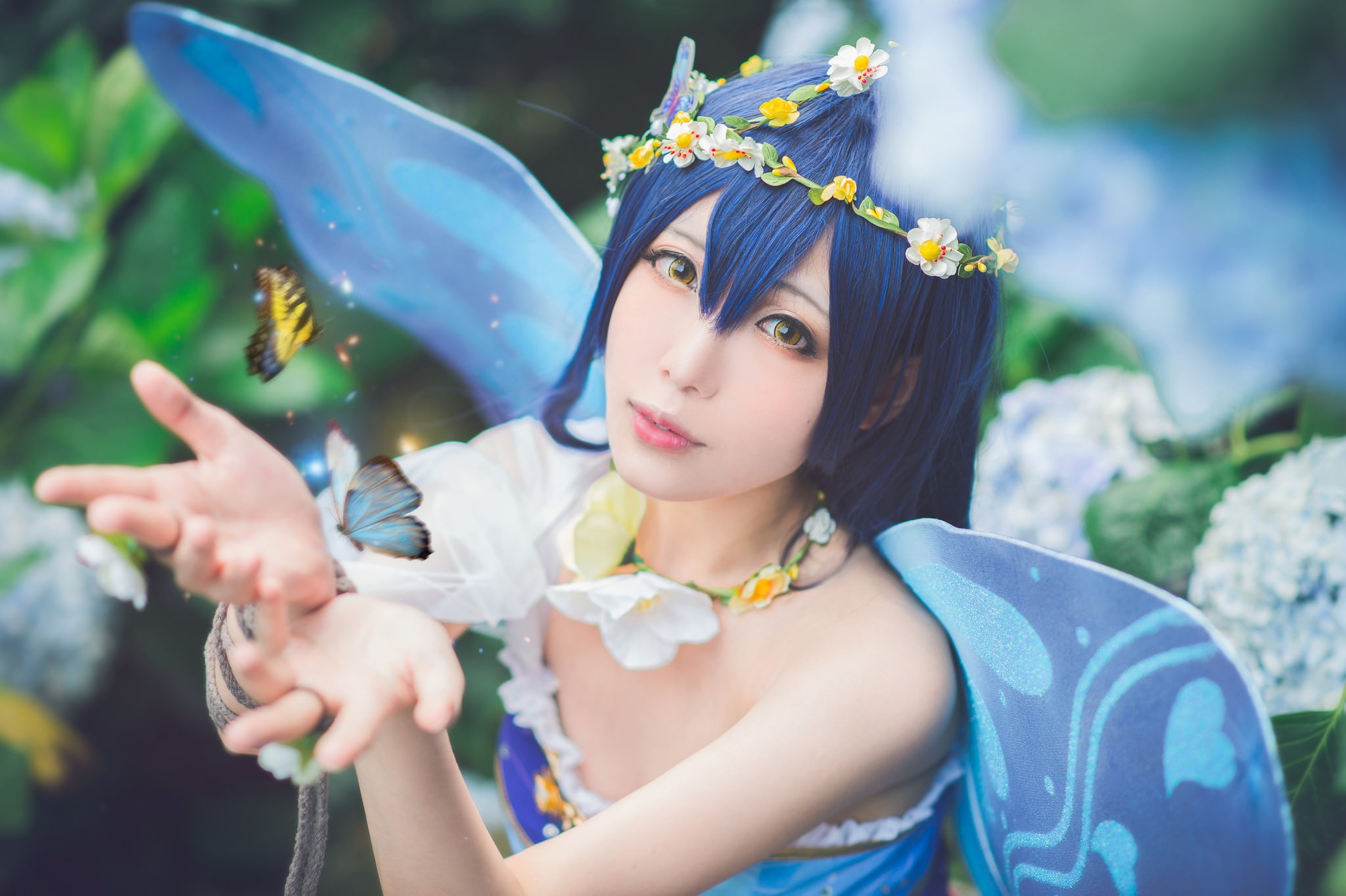 sorceress, summer, garden, face, blue hair, pose, costume, bangs, hairstyle, insects, wreath, cosplay, elf, gesture, wings, style, magic, look, Asian, image, HD Wallpaper