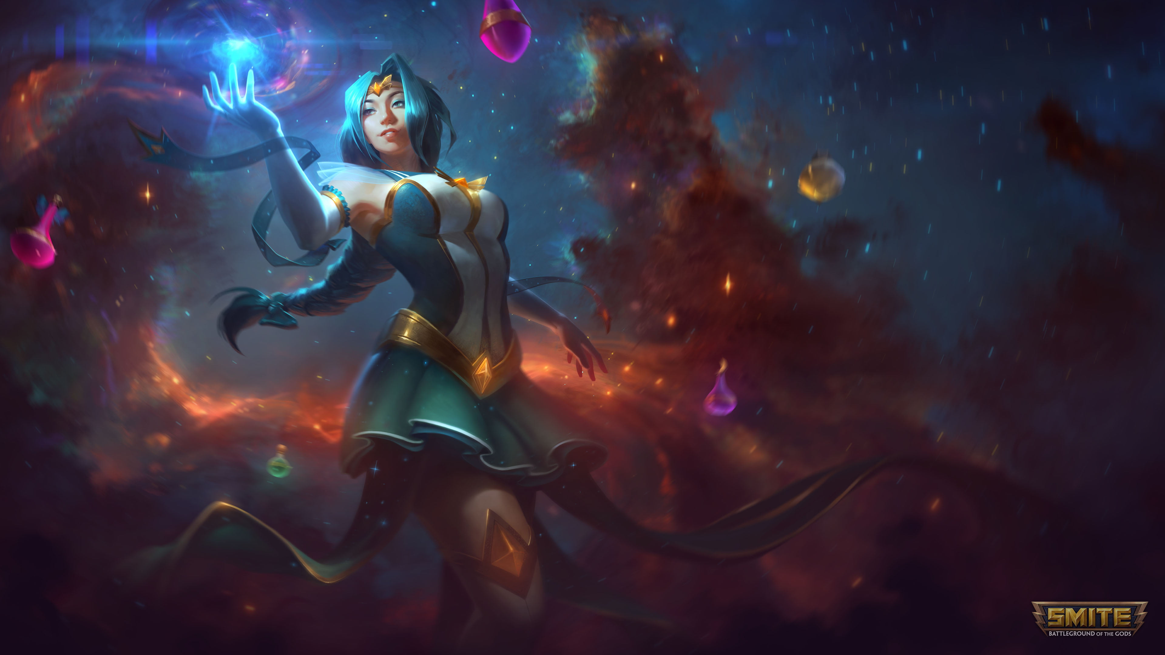 Dress, 4K, Blue Hair, Braid, Space, Nu Wa (Smite), Sorceress, Video Game, Smite, Magic, HD Wallpaper