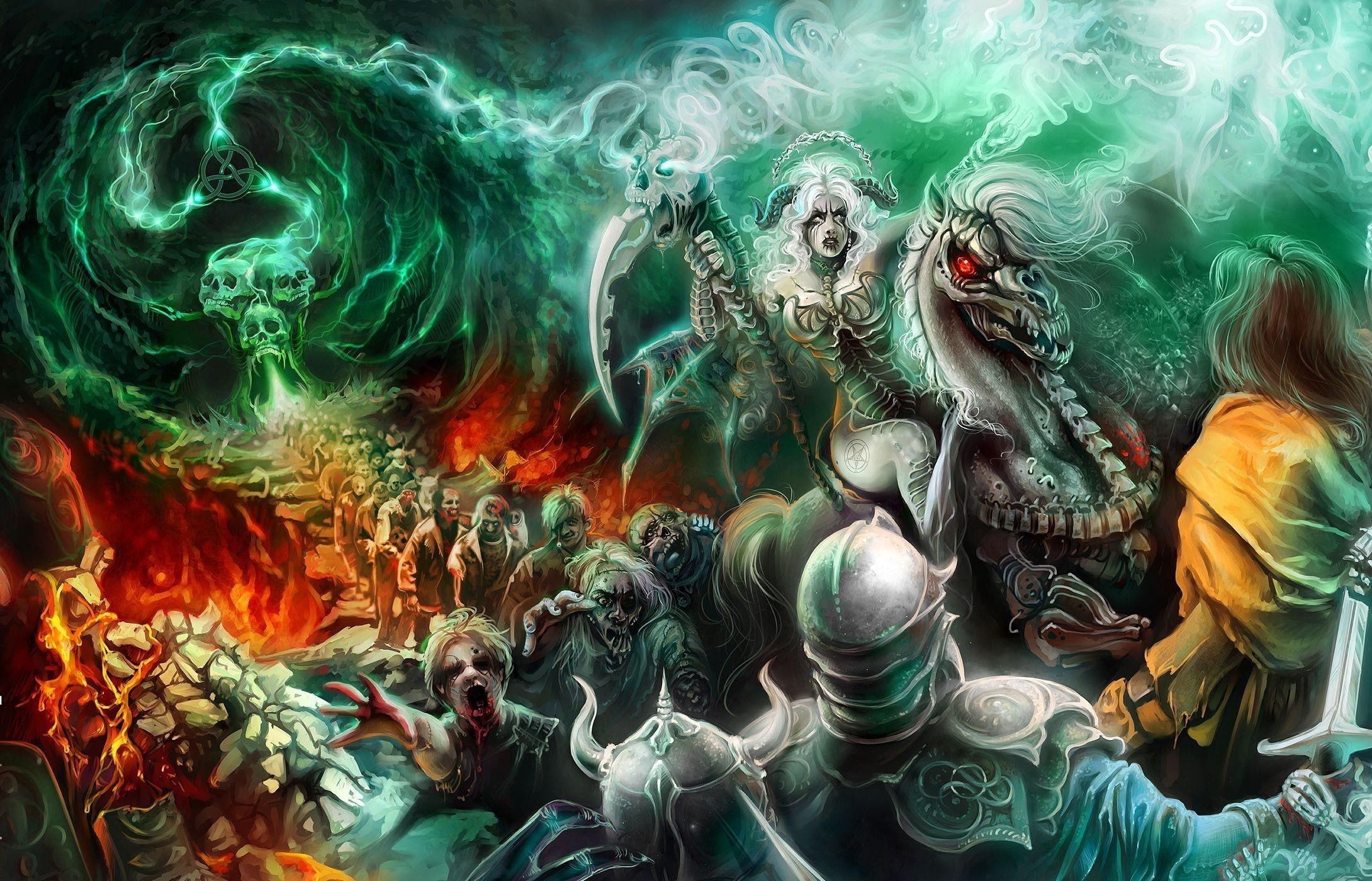 Necromancers, group of people, art and craft, togetherness, human representation, Undead, excitement, Skull, high angle view, religion, indoors, creativity, HD Wallpaper