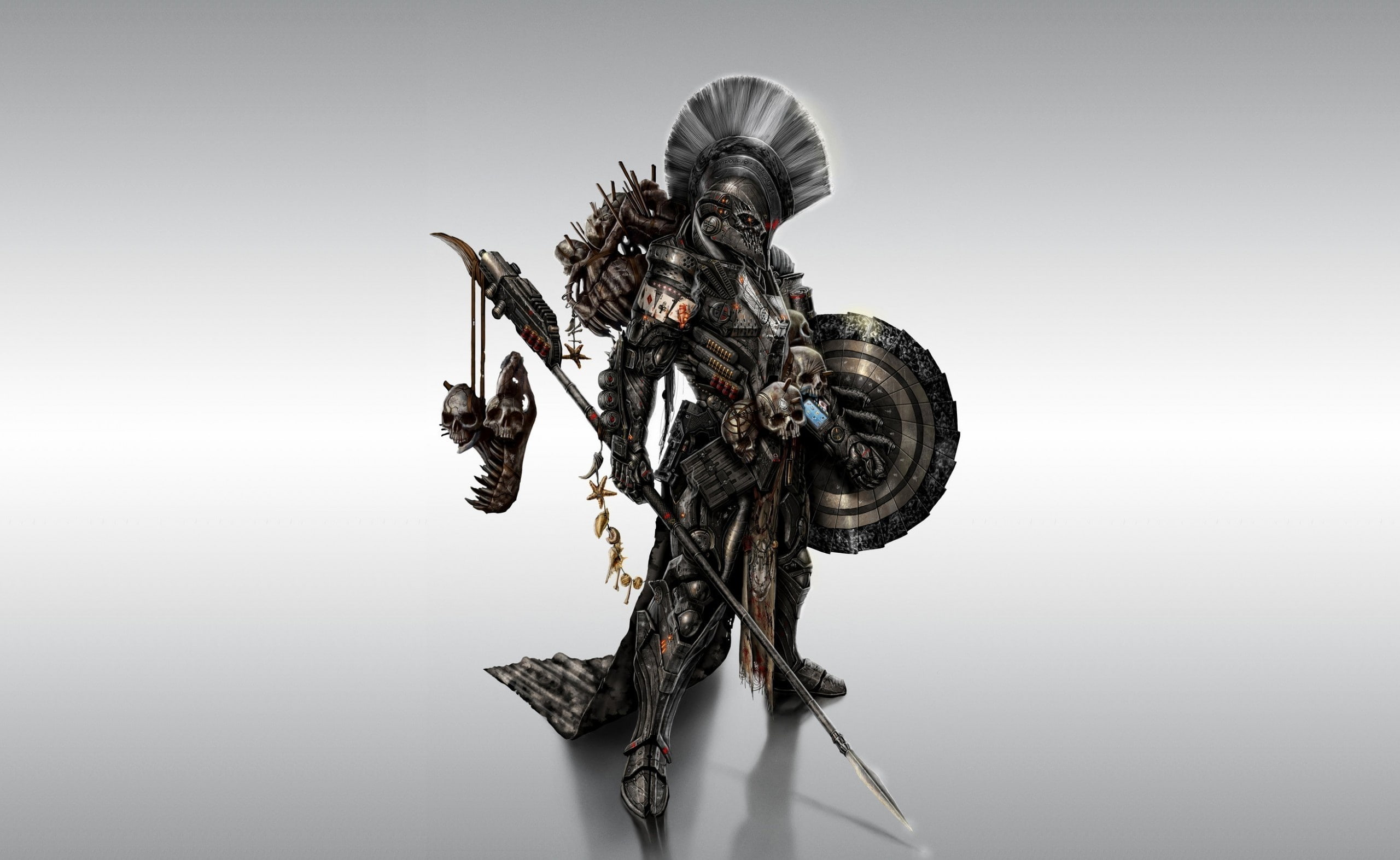 spear, gray, technology, vignette, necromancer, holding, studio shot, no people, knight, gray background, nature, 2K, metal, Artistic, shield, copy space, HD Wallpaper
