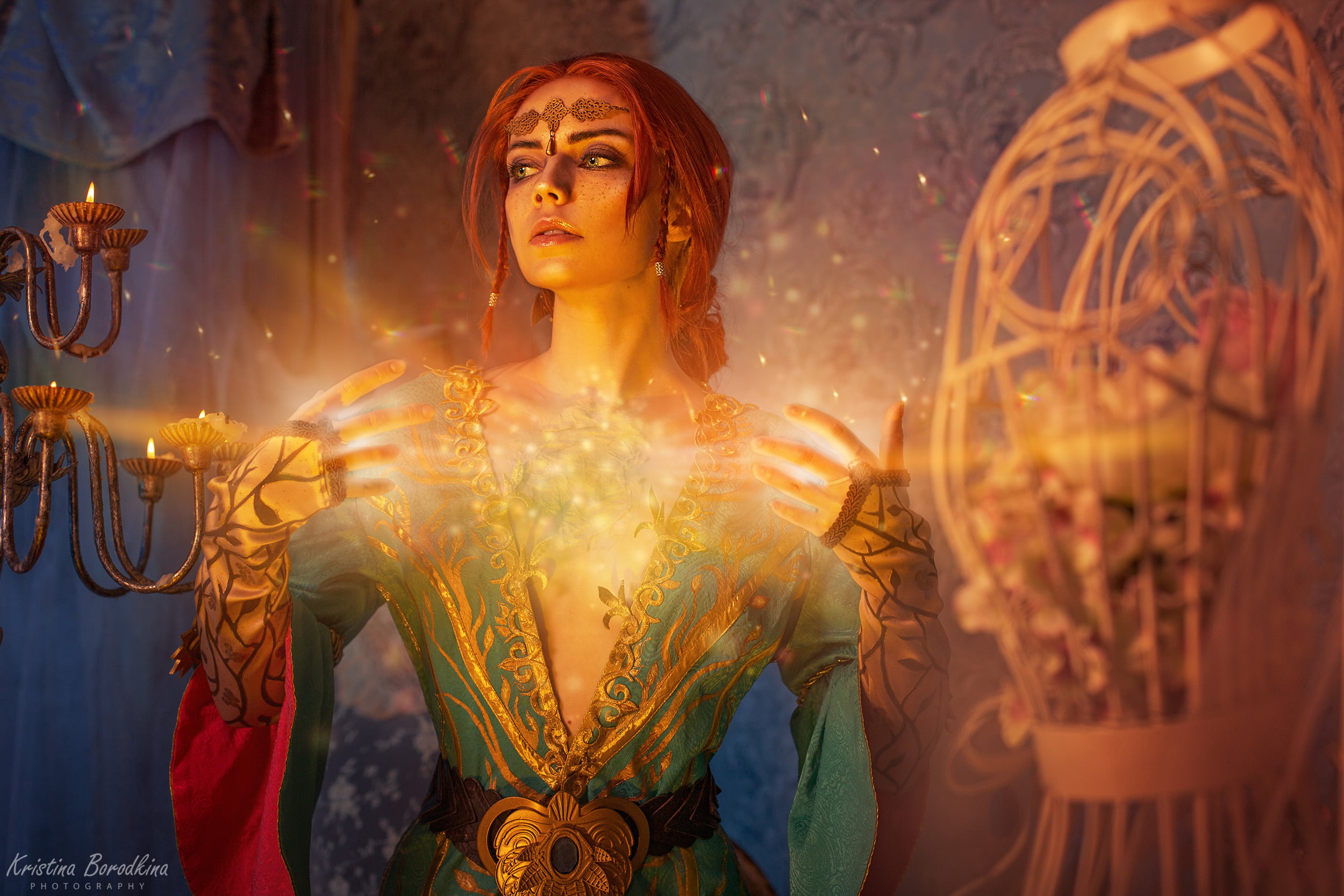 portrait, Kristina Borodkina, indoors, video game characters, redhead, 1080P, bokeh, freckles, cleavage, dress, video games, Triss Merigold, looking away, HD Wallpaper