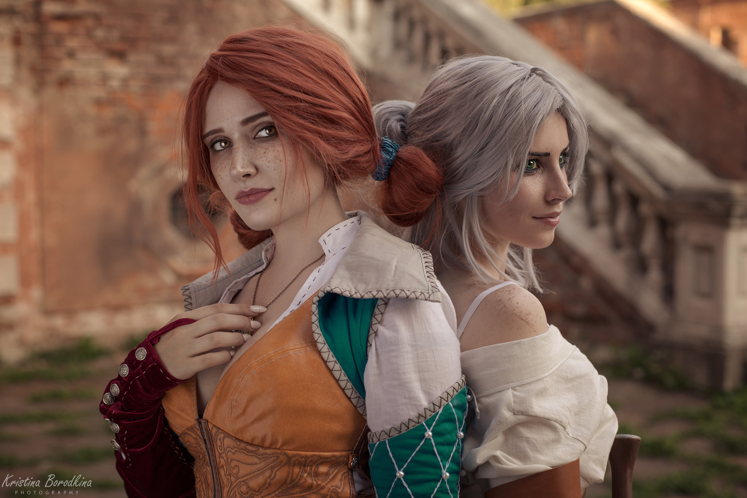 freckles, Cirilla Fiona Elen Riannon, video game characters, portrait, The Witcher, Kristina Borodkina, redhead, women, two women, Ciri, white hair, women outdoors, HD Wallpaper