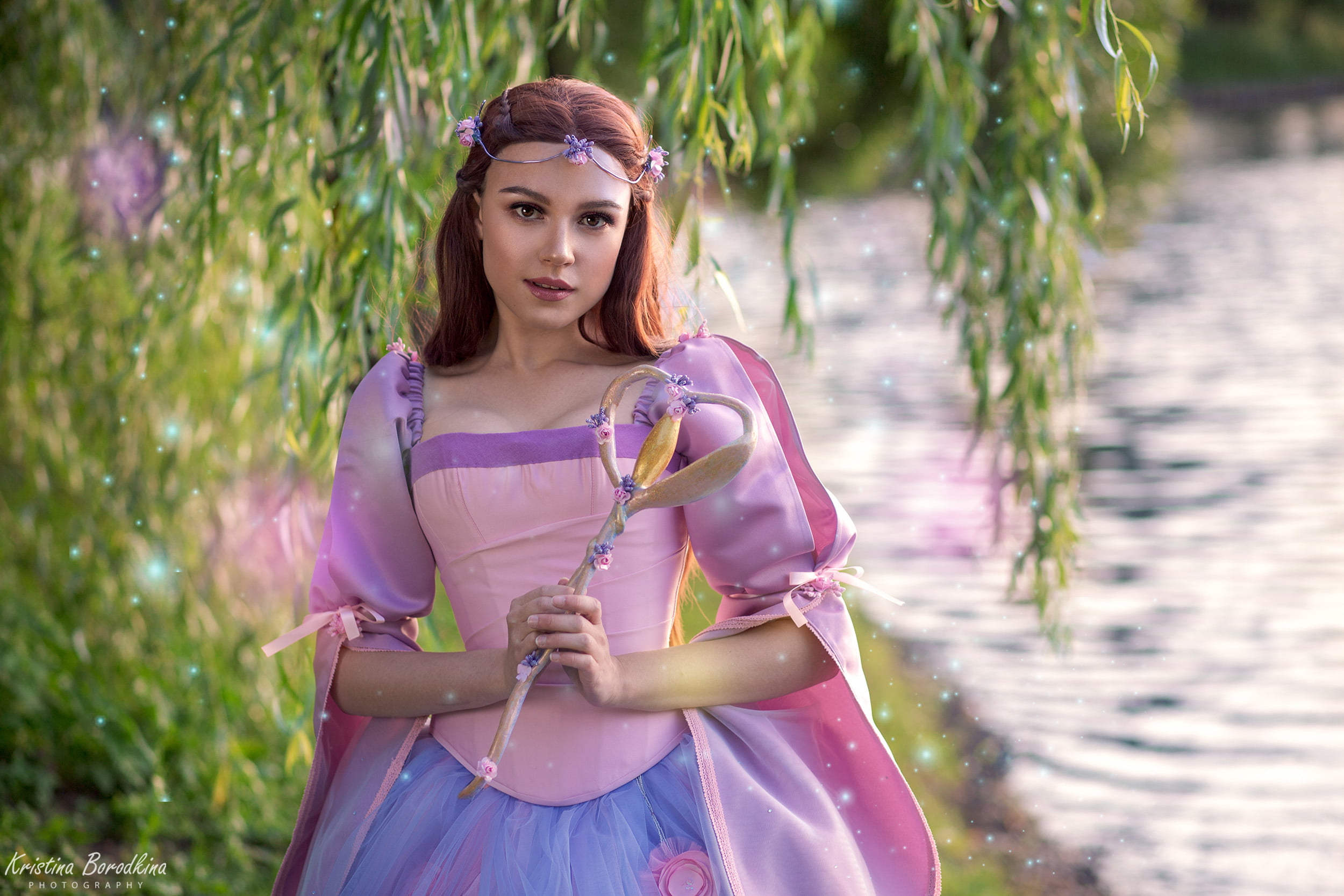 willows, long hair, brunette, 1080P, water, hair accessories, makeup, cosplay, Kristina Borodkina, purple clothing, plants, Wand, dress, women, trees, HD Wallpaper