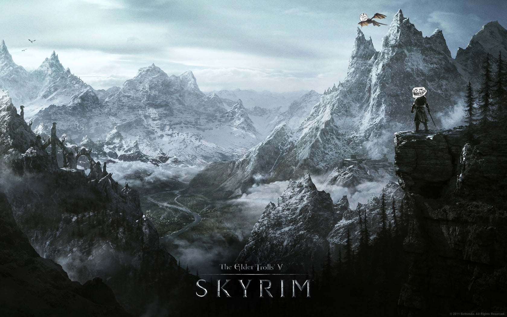 leisure activity, sky, rock - object, nature, humor, tranquil scene, skyrim, video games, mountain, communication, scenics - nature, tranquility, HD Wallpaper
