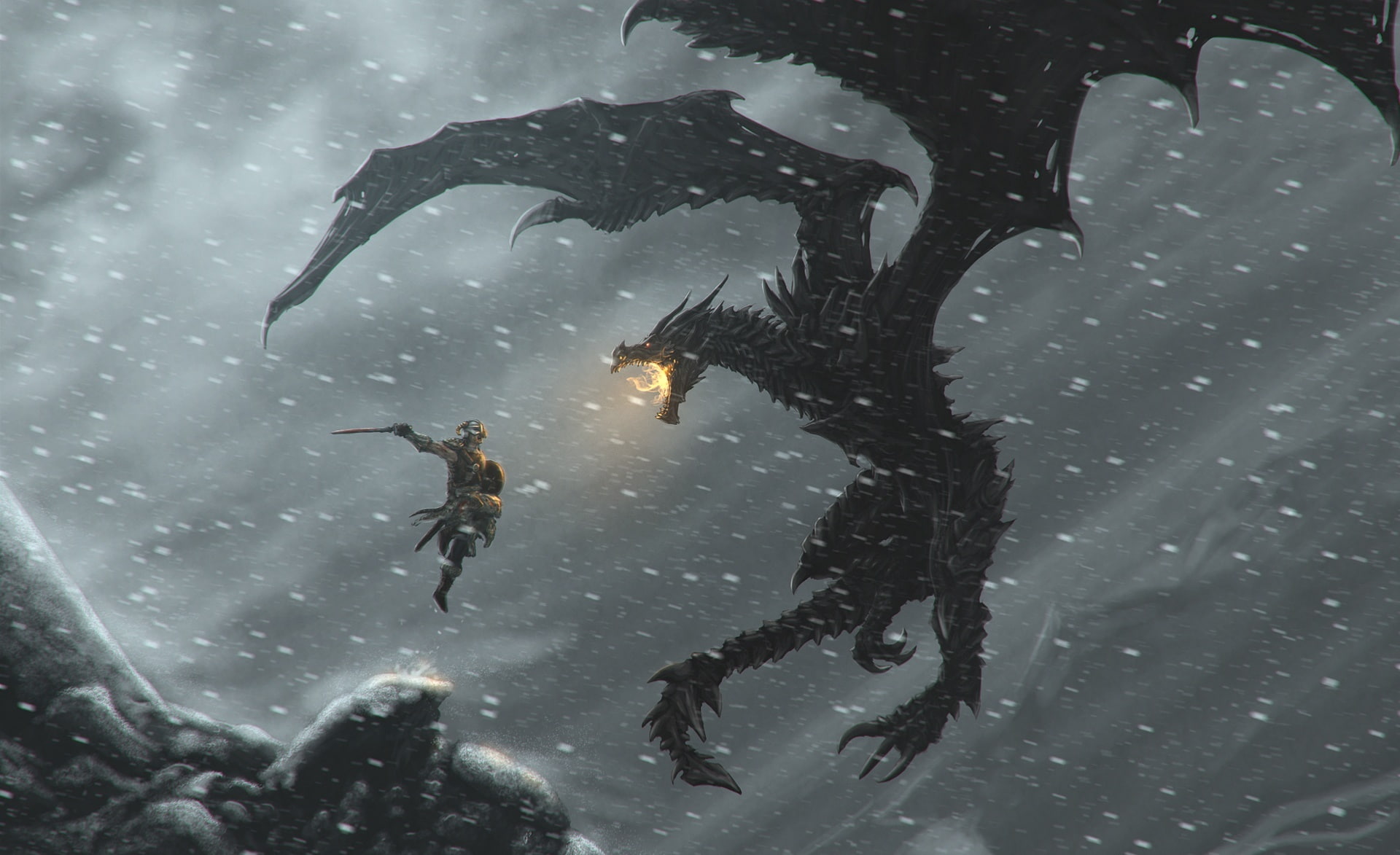 cold temperature, full length, concept art, Games, video game, digital, snowing, scrolls, dragon, The Elder Scrolls, real people, water, elder, wet, v, HD Wallpaper